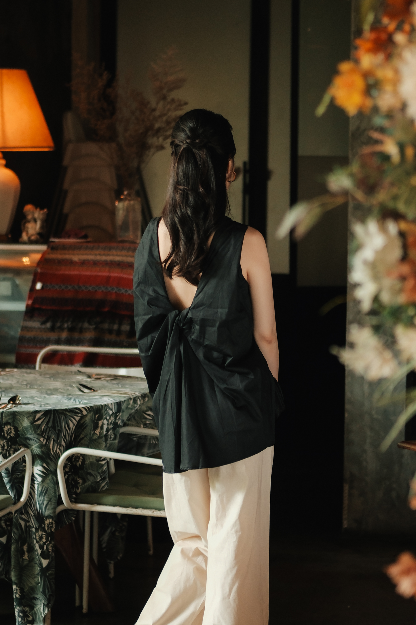 Inès Draped Back Knot Top in Black