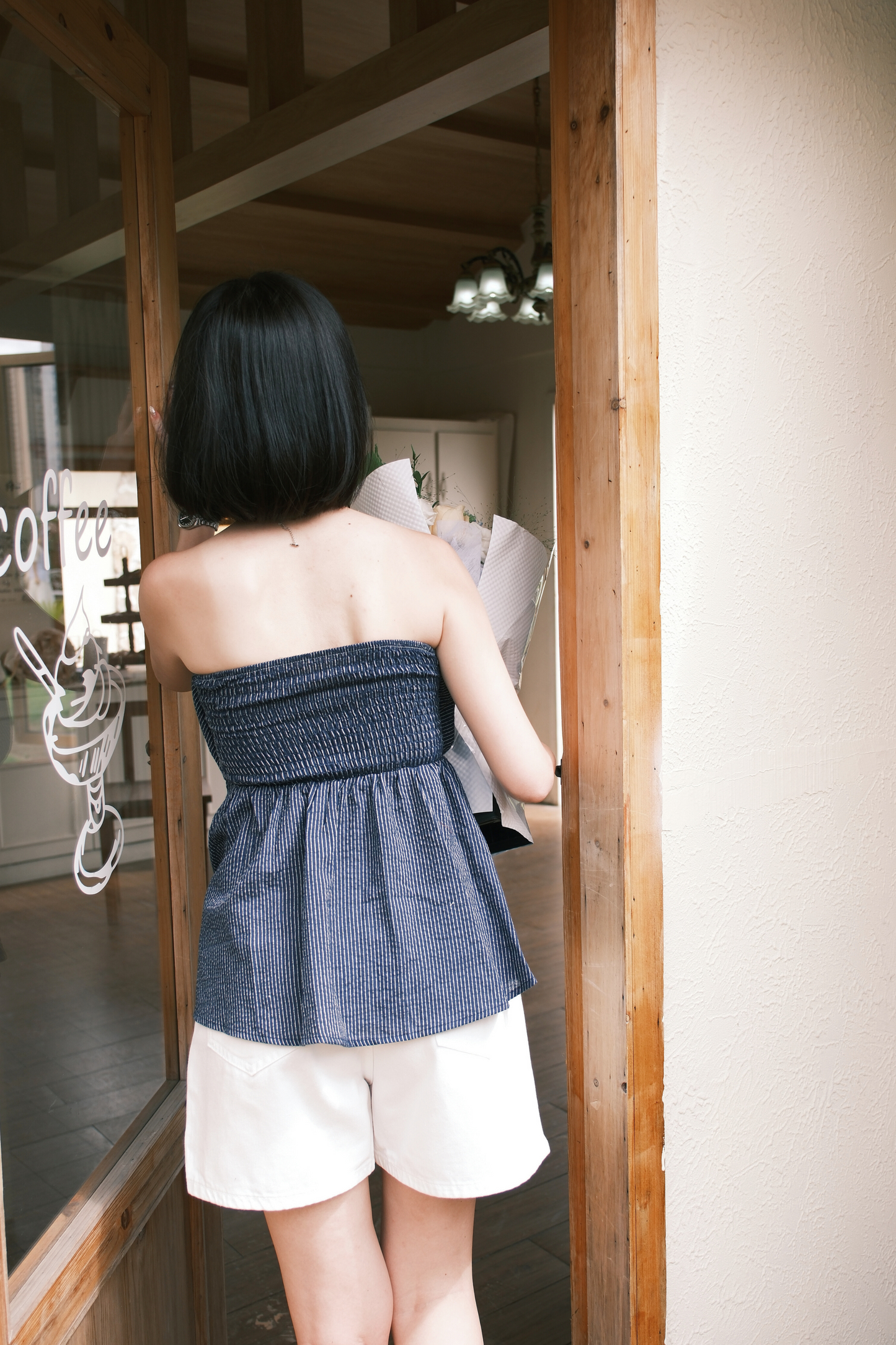 Éloise Strapless Pinstripe Peplum Top in Blue