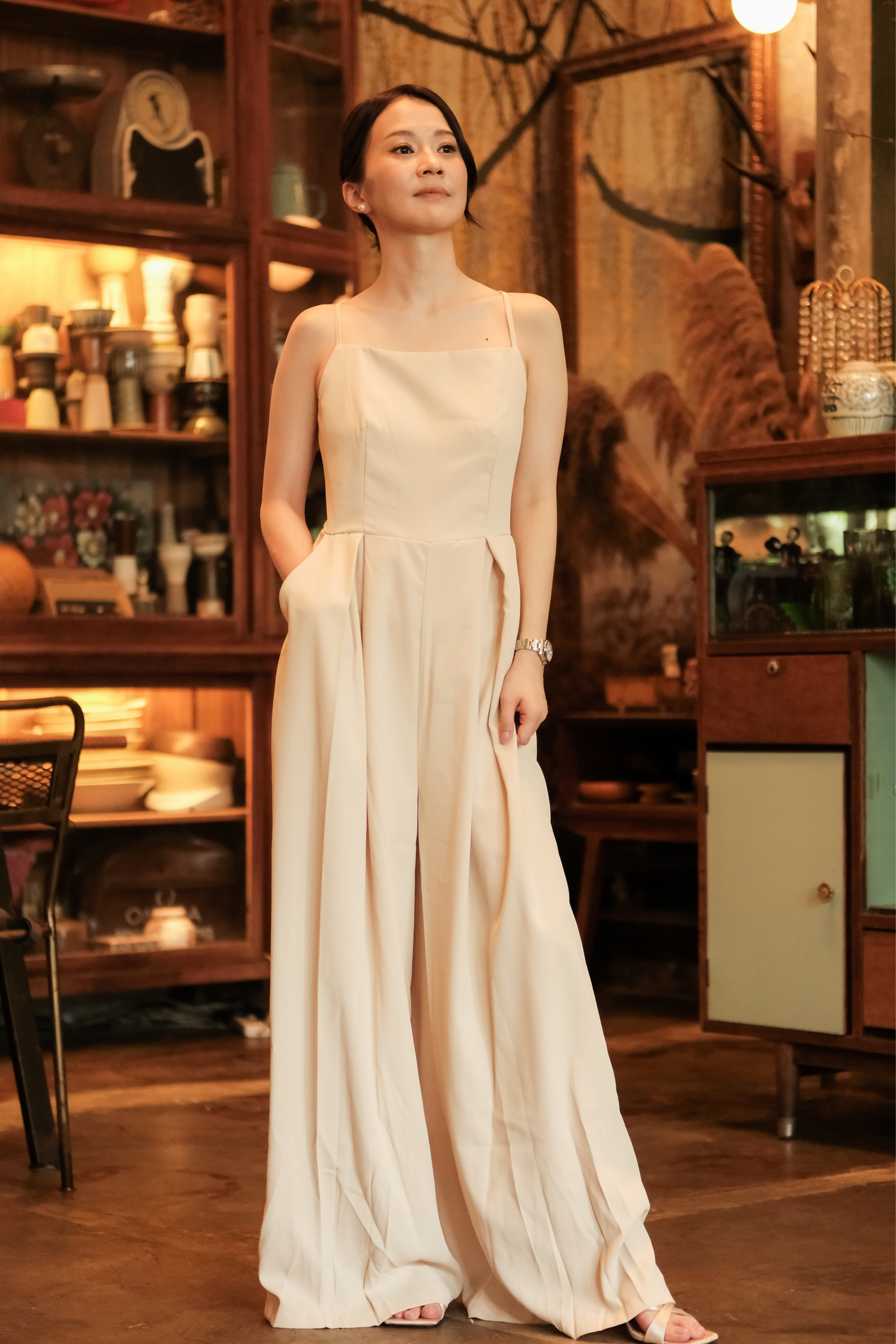 Chloé Back-Strap Wide-Leg Jumpsuit in Beige