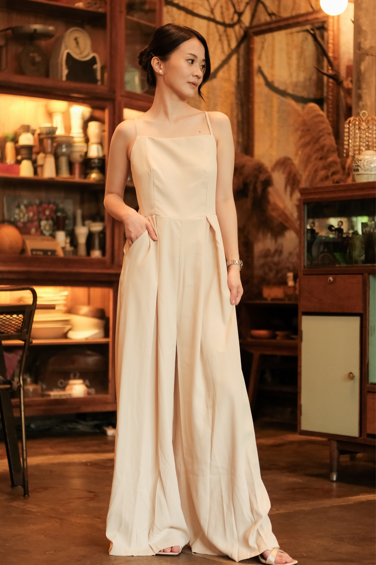 Chloé Back-Strap Wide-Leg Jumpsuit in Beige