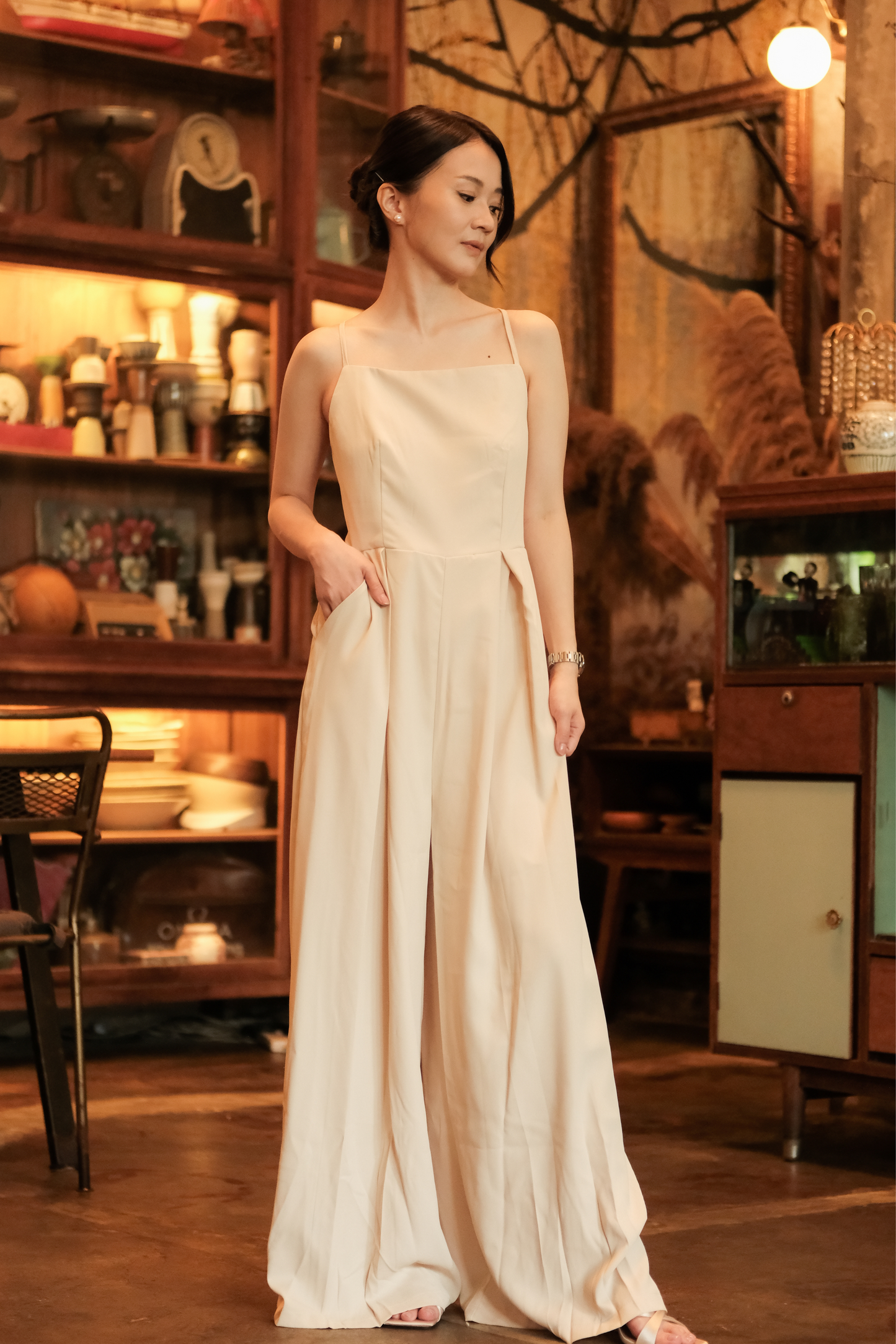 Chloé Back-Strap Wide-Leg Jumpsuit in Beige
