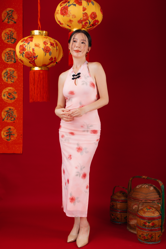Roselle Bloom Halter Cheongsam Dress