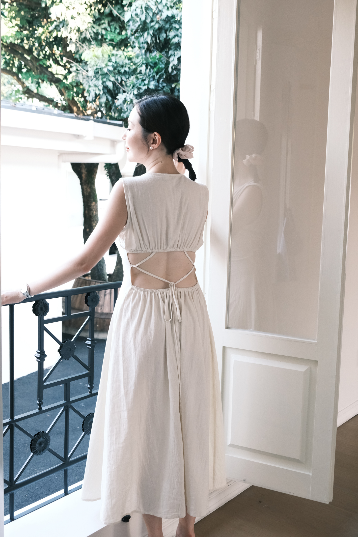 Beige Linen Back-Tie Cut-Out Maxi Dress