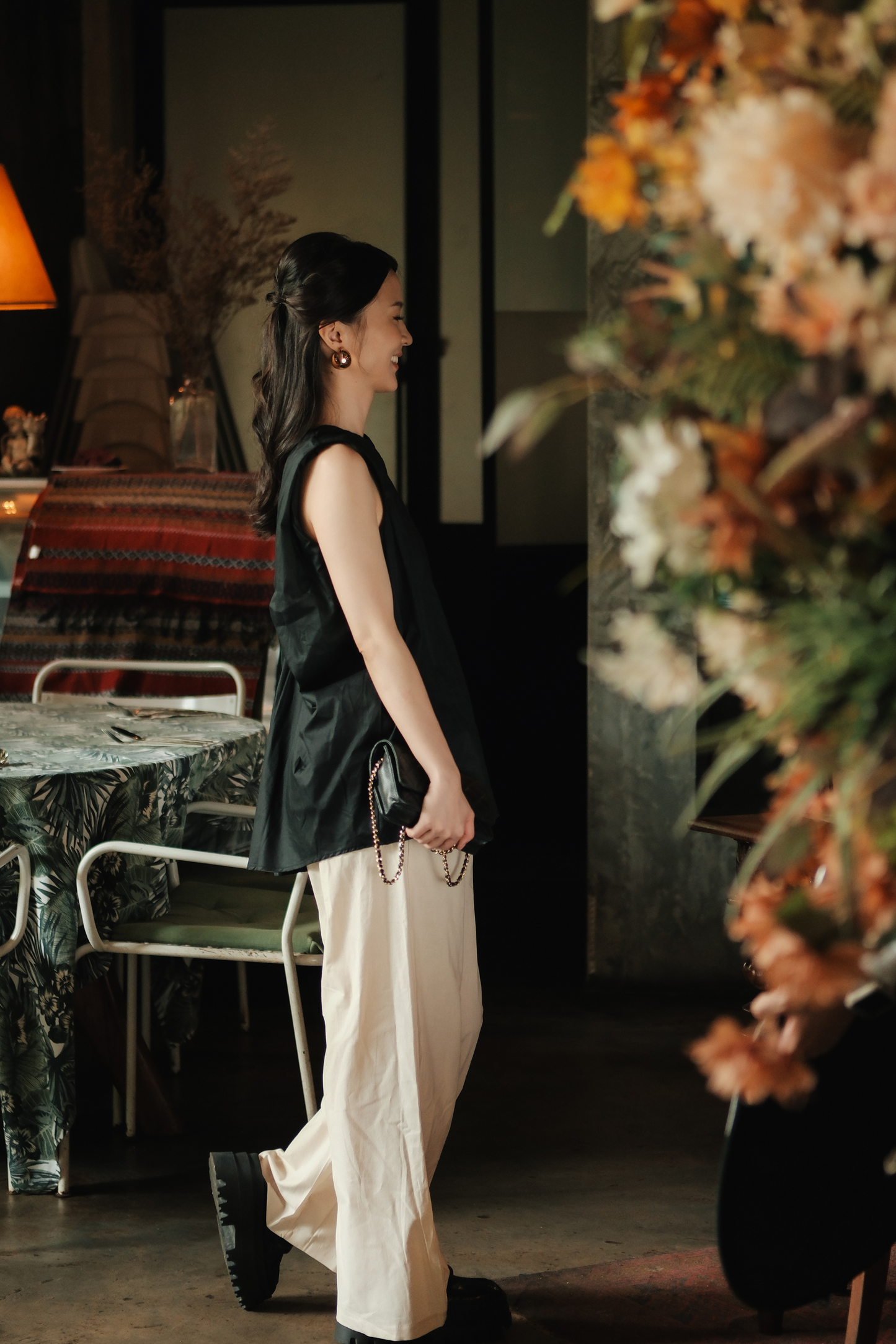 Inès Draped Back Knot Top in Black