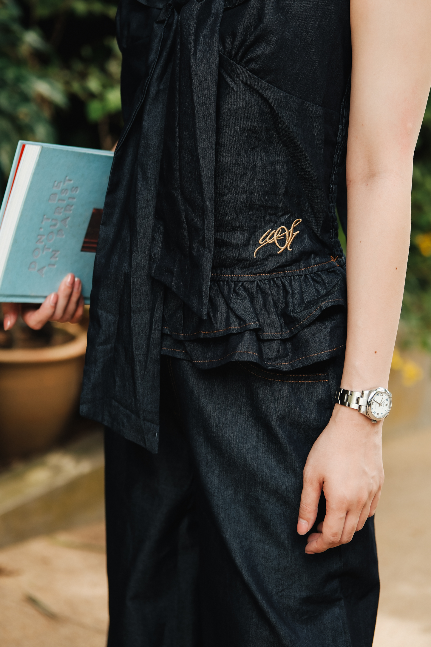 Clara Bow Halter Denim Top & Wide-Leg Pants Set