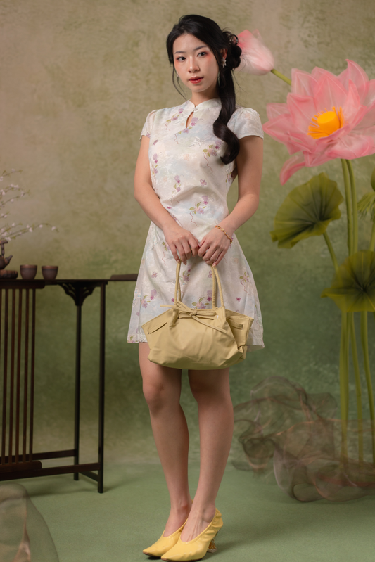 Orchid Butterfly Cheongsam Dress in Pale Champagne