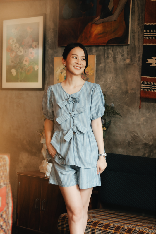 Maëlle Bow Tie Stripe TwinSet in Light Blue