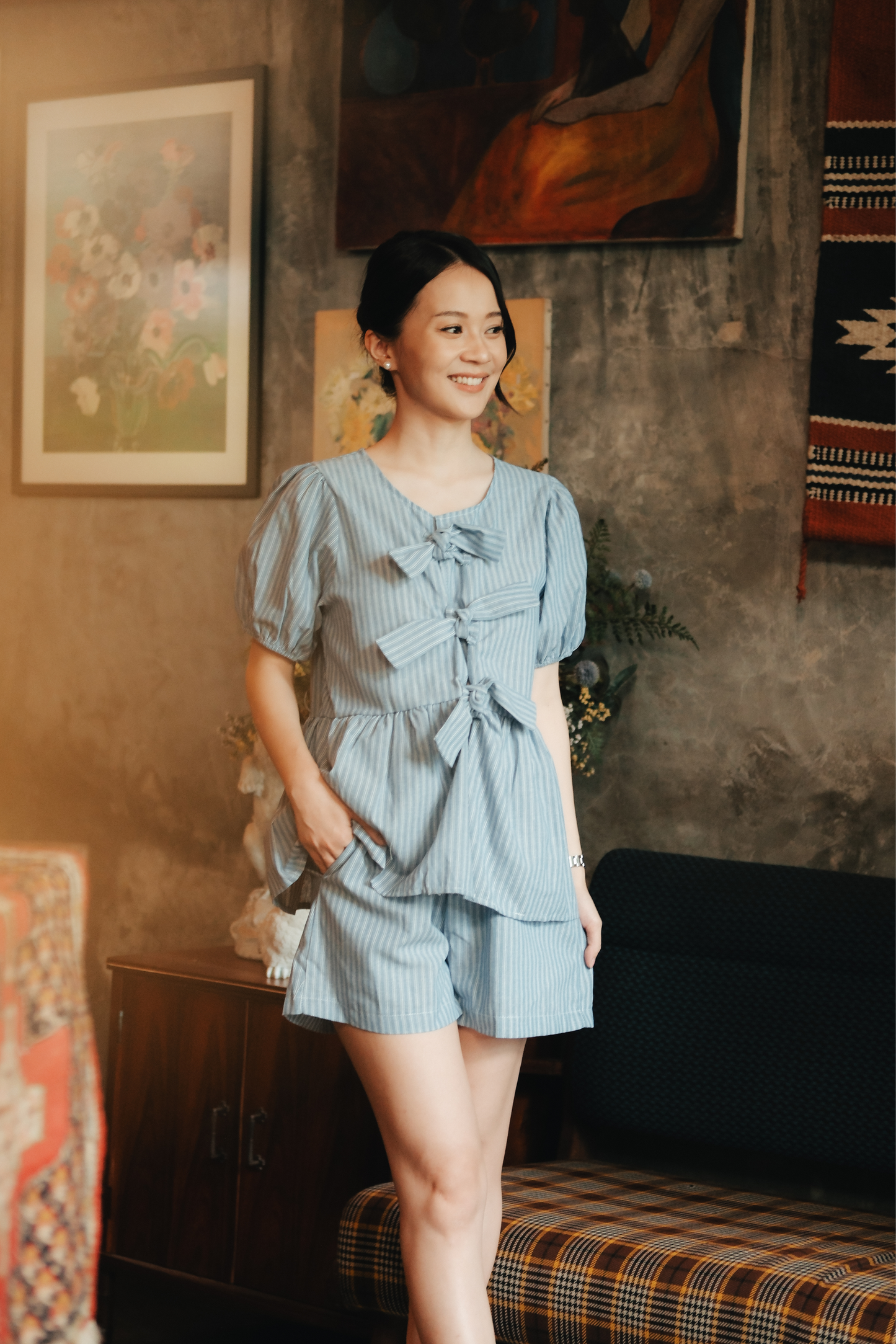Maëlle Bow Tie Stripe TwinSet in Light Blue