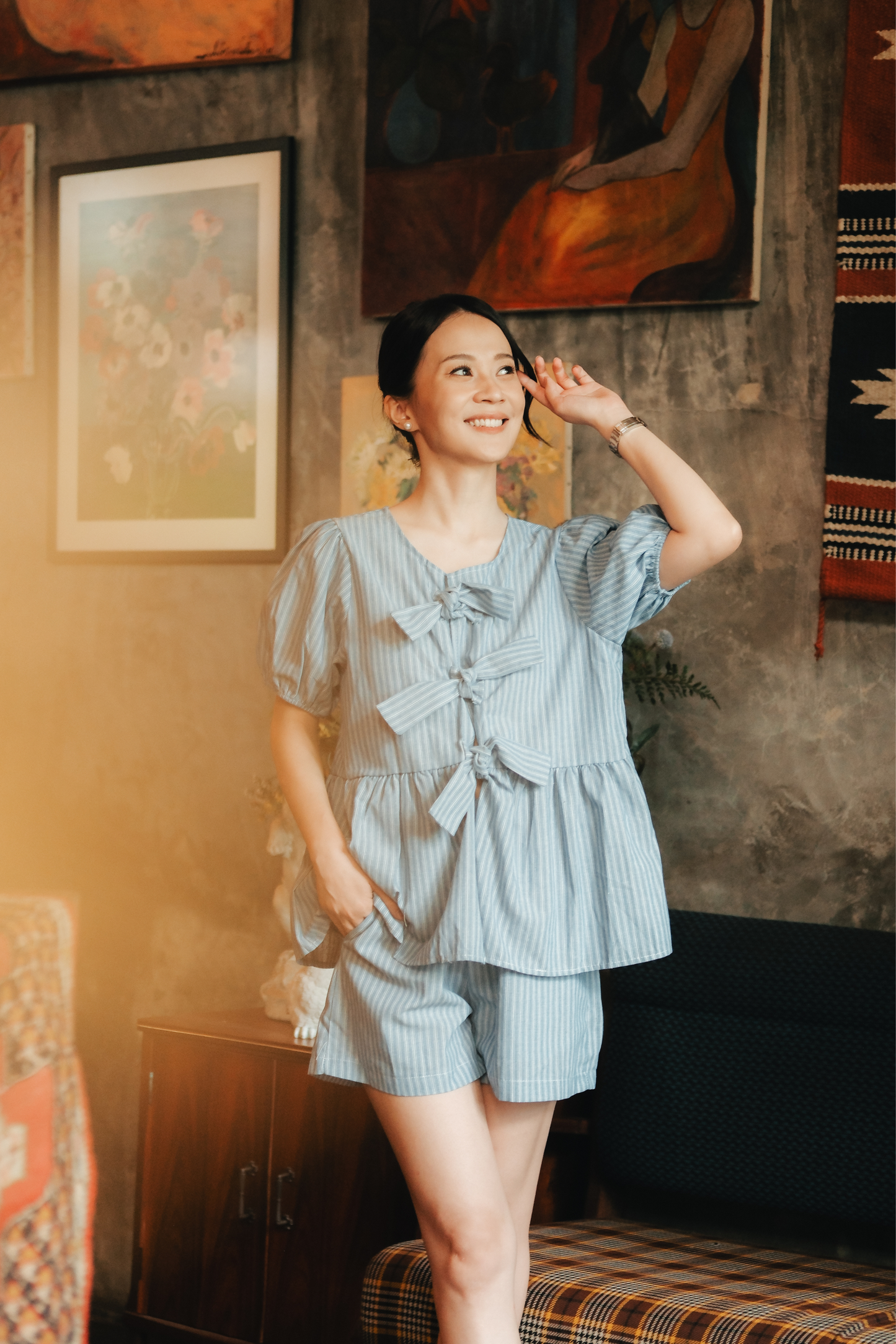 Maëlle Bow Tie Stripe TwinSet in Light Blue
