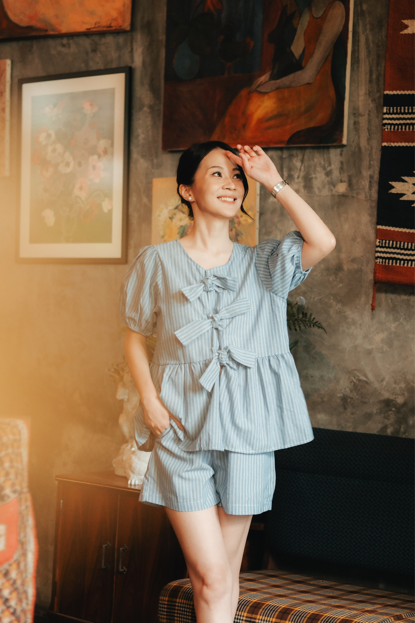 Maëlle Bow Tie Stripe TwinSet in Light Blue