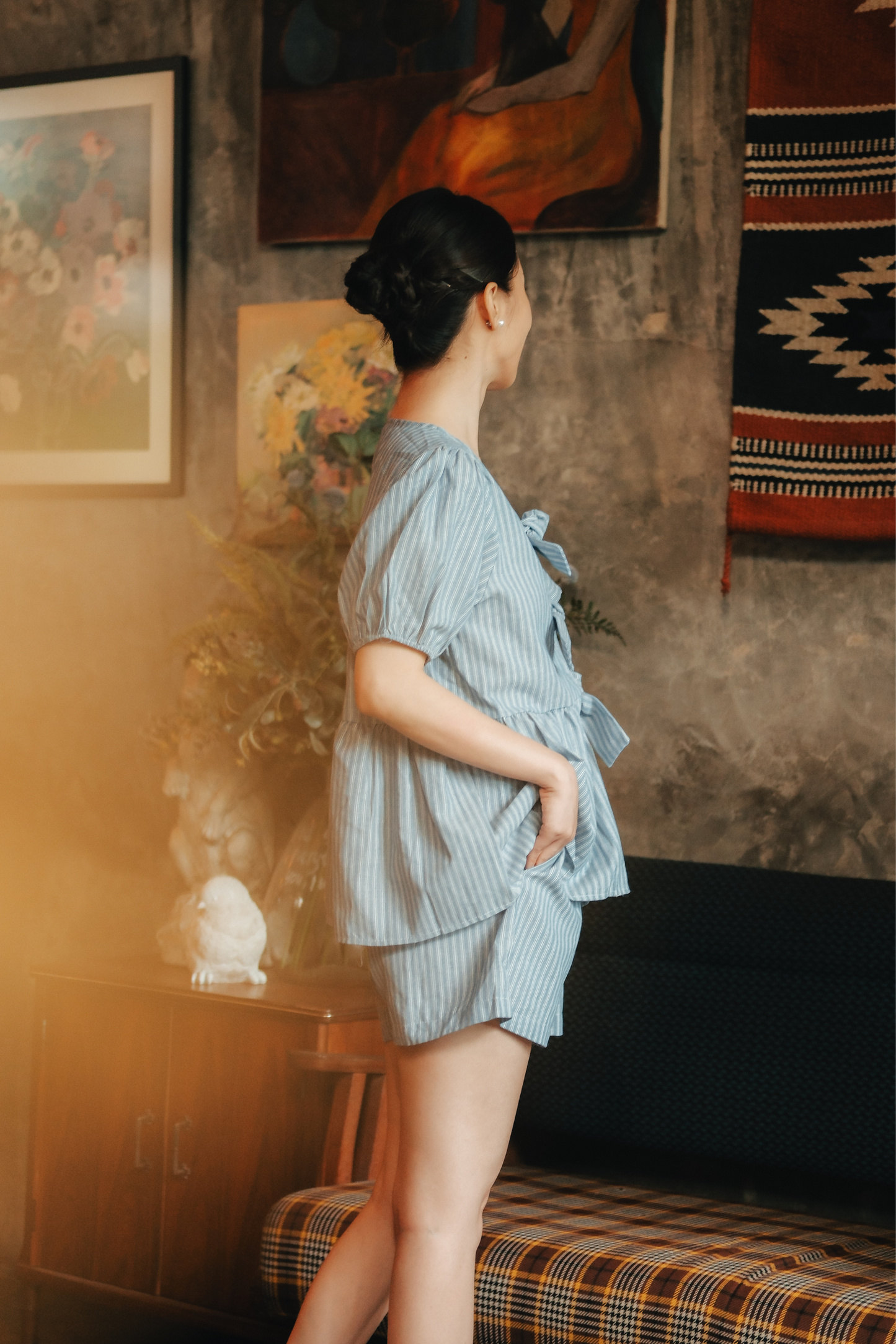 Maëlle Bow Tie Stripe TwinSet in Light Blue
