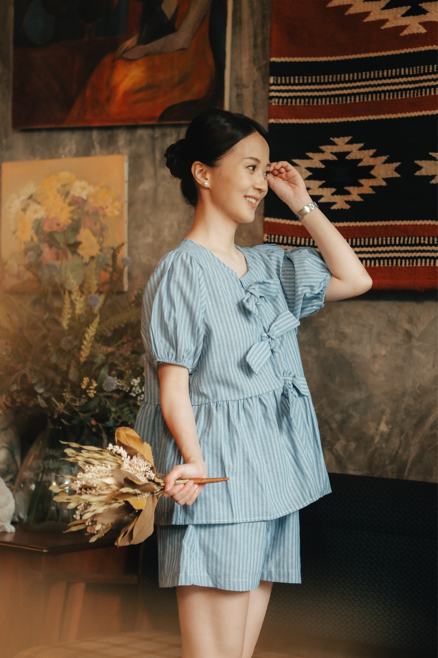 Maëlle Bow Tie Stripe TwinSet in Light Blue