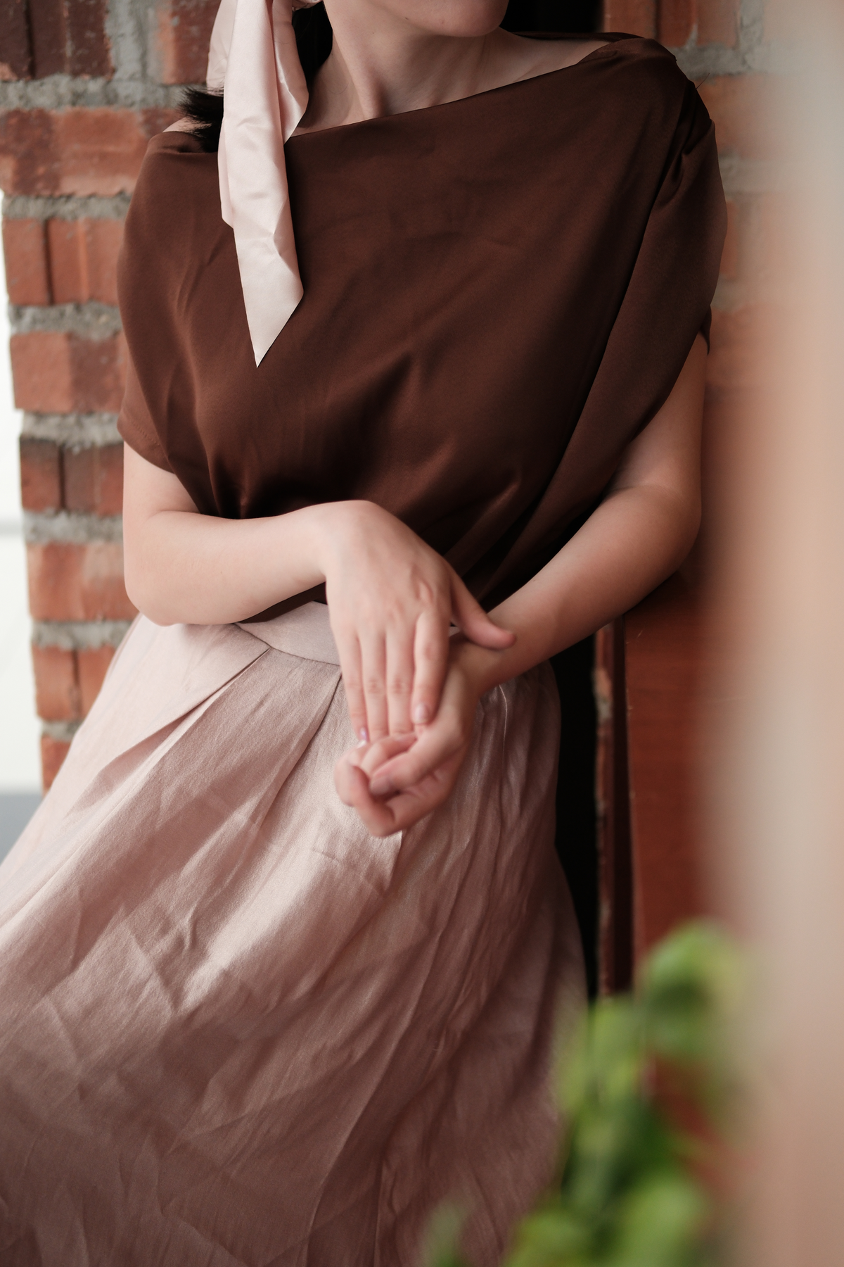 Claire Draped Satin Top in Brown