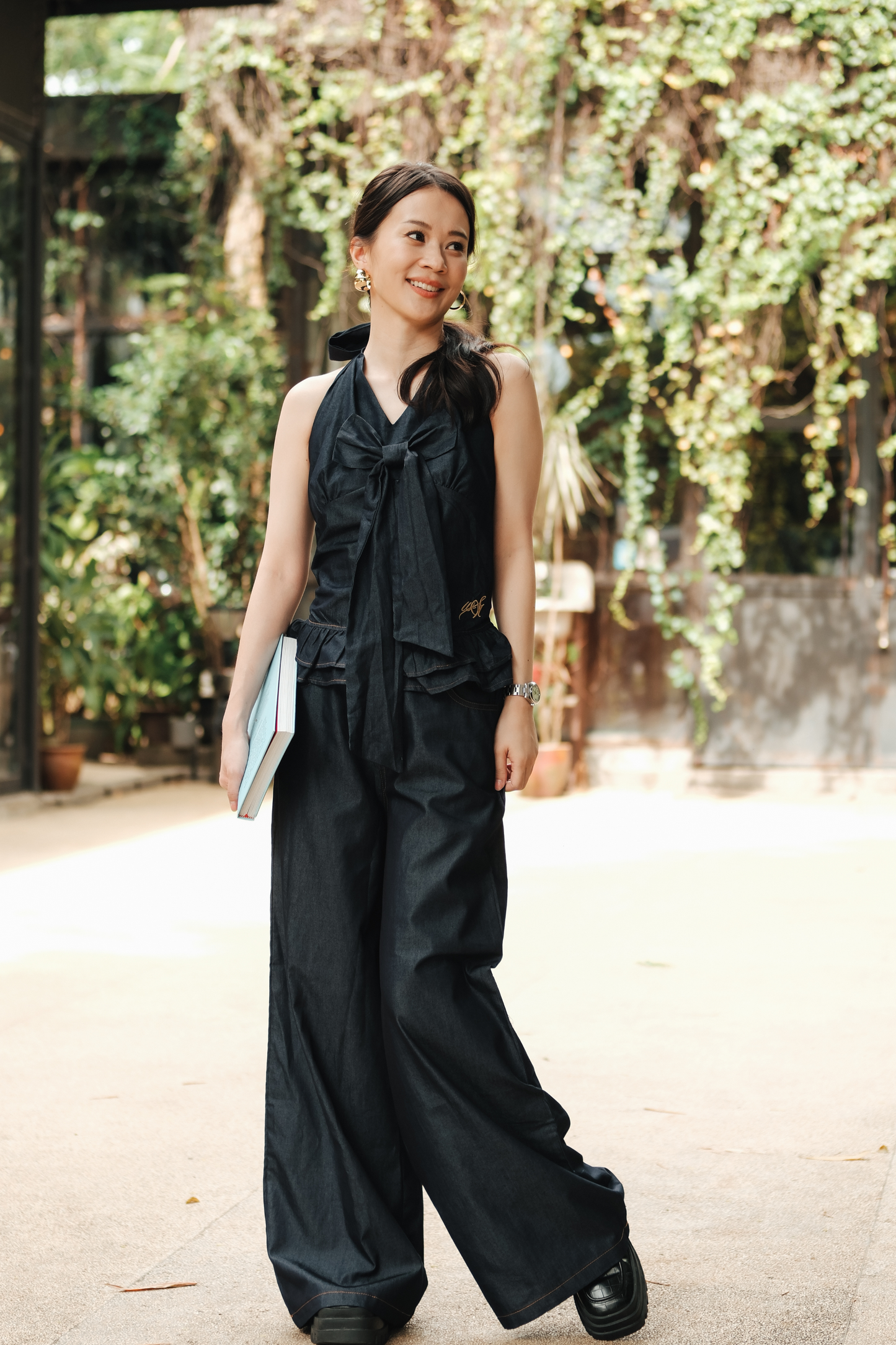 Clara Bow Halter Denim Top & Wide-Leg Pants Set