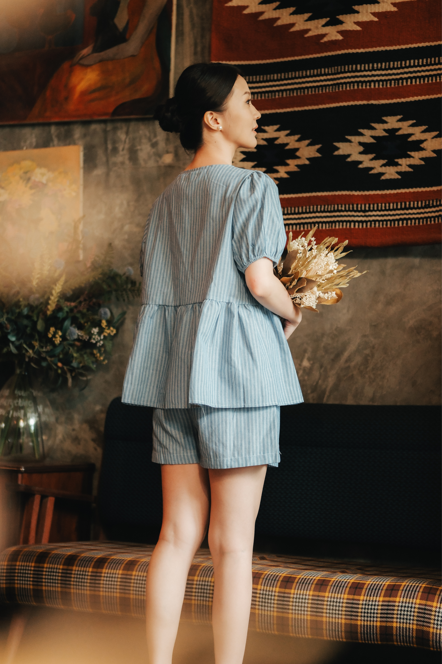 Maëlle Bow Tie Stripe TwinSet in Light Blue
