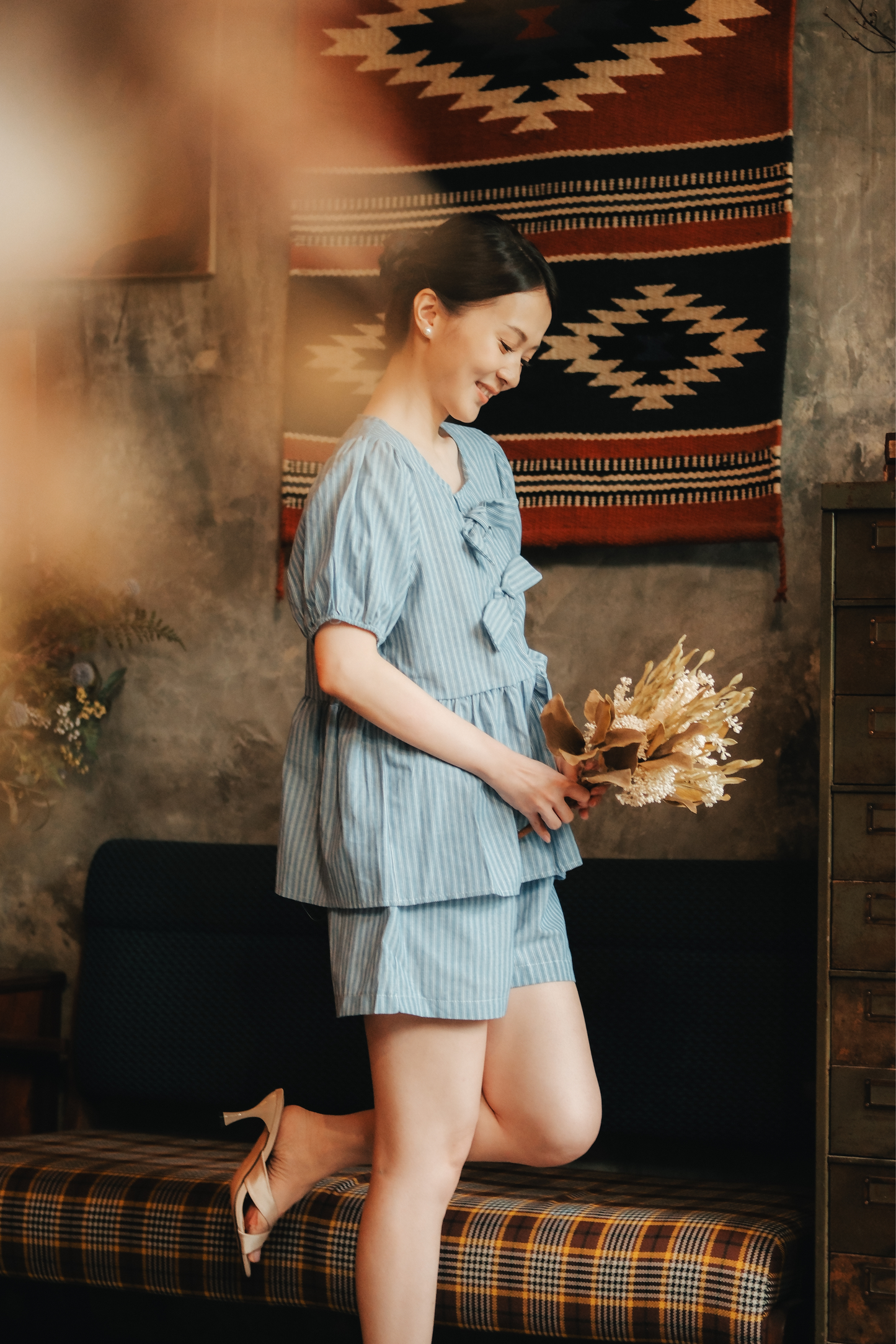 Maëlle Bow Tie Stripe TwinSet in Light Blue