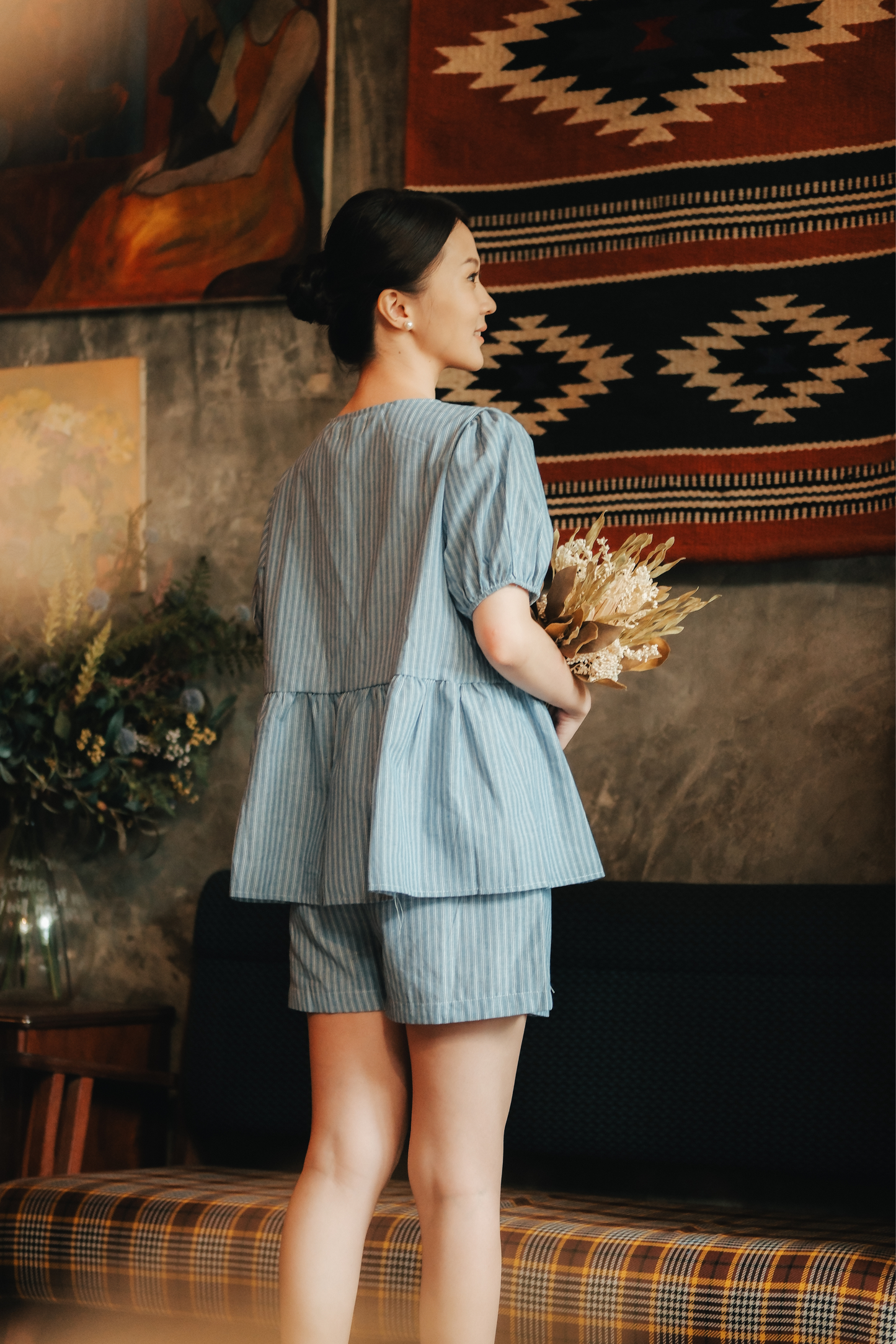 Maëlle Bow Tie Stripe TwinSet in Light Blue