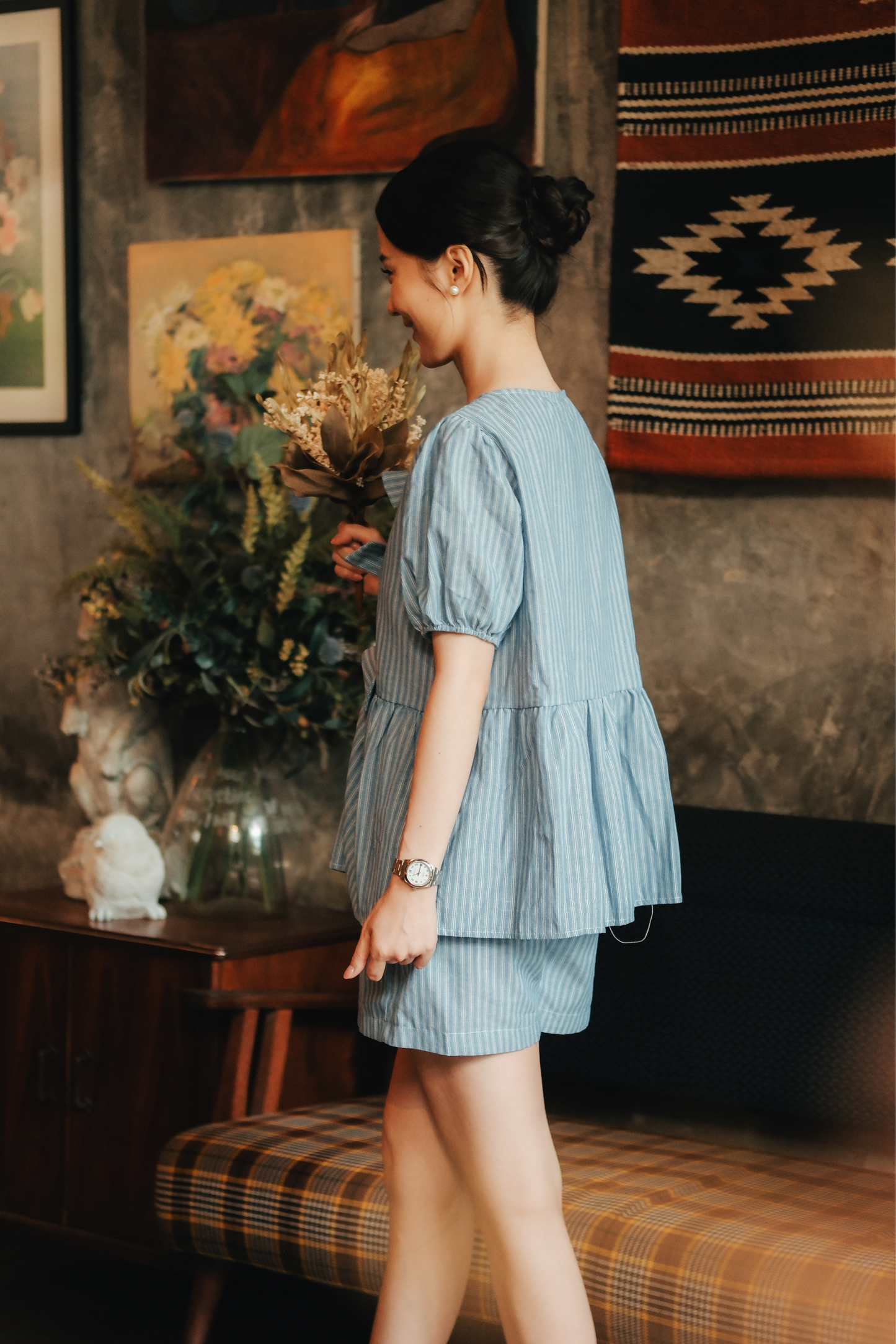 Maëlle Bow Tie Stripe TwinSet in Light Blue
