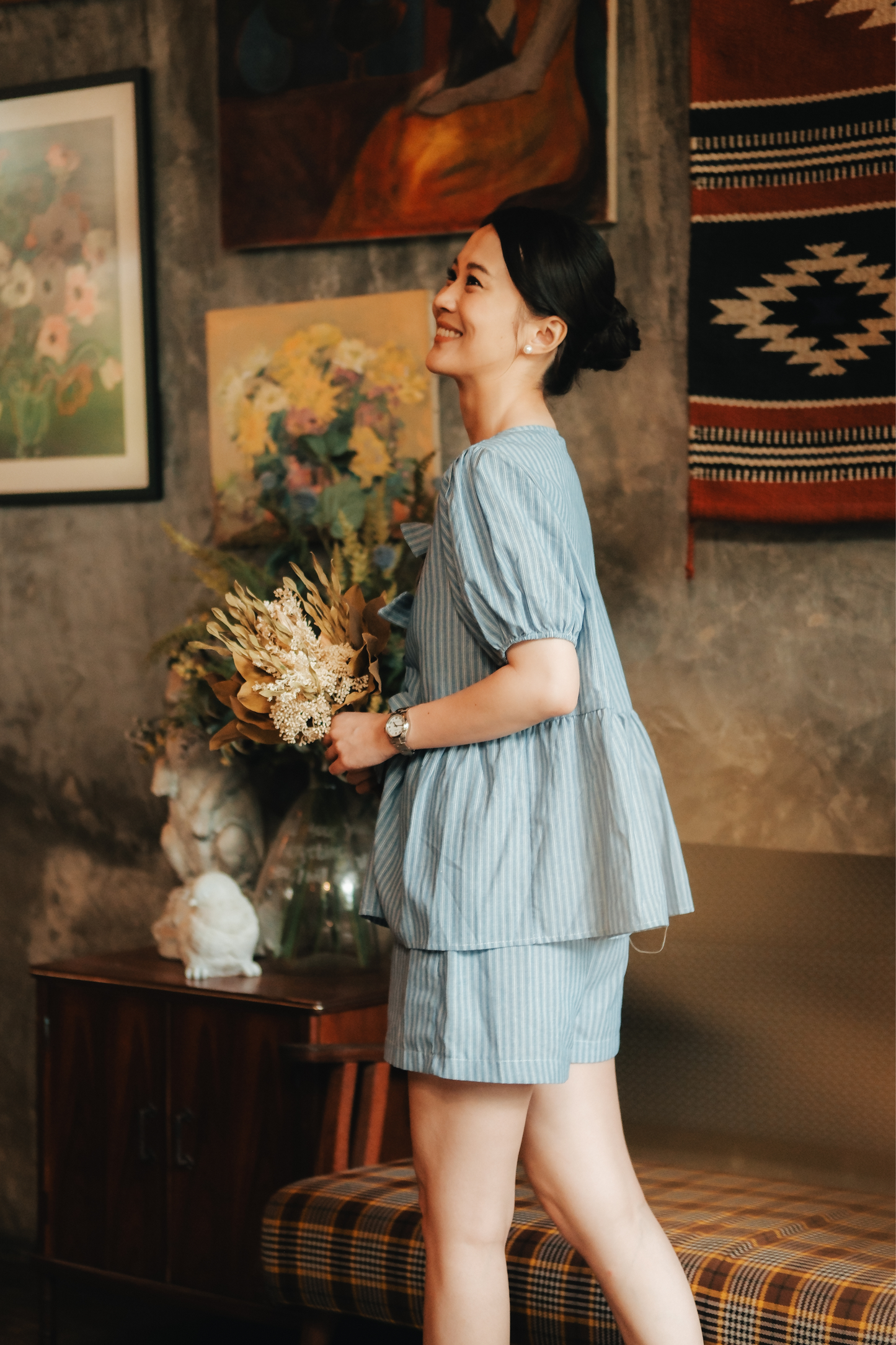 Maëlle Bow Tie Stripe TwinSet in Light Blue