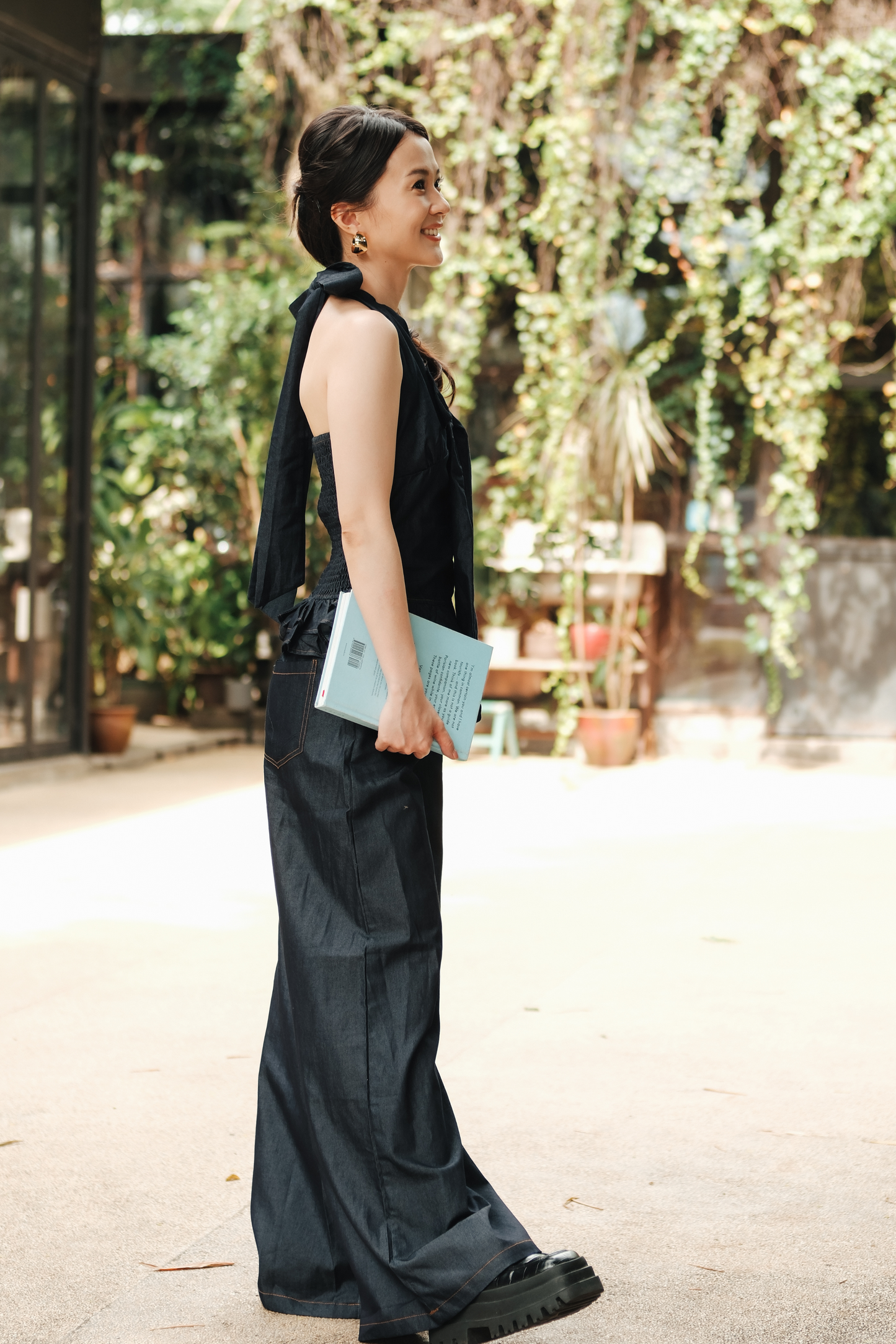 Clara Bow Halter Denim Top & Wide-Leg Pants Set