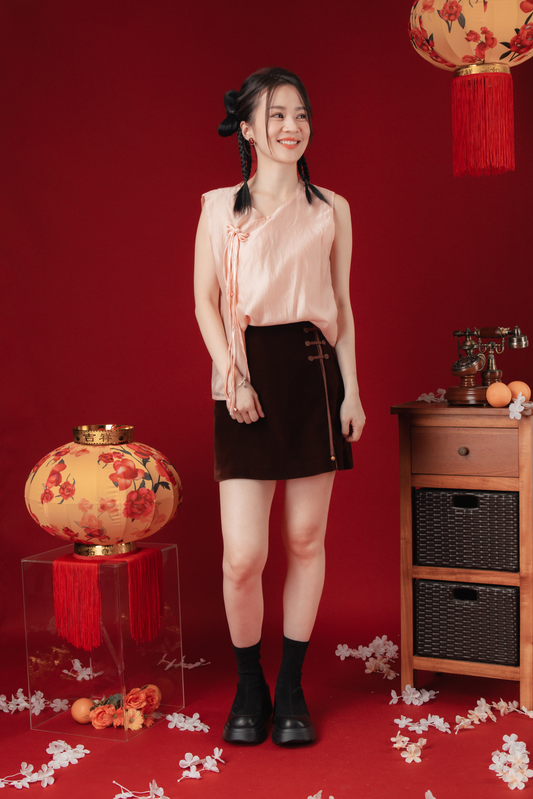 Velvet Ribbon-Panels High-Waist Cheongsam Mini Skirt