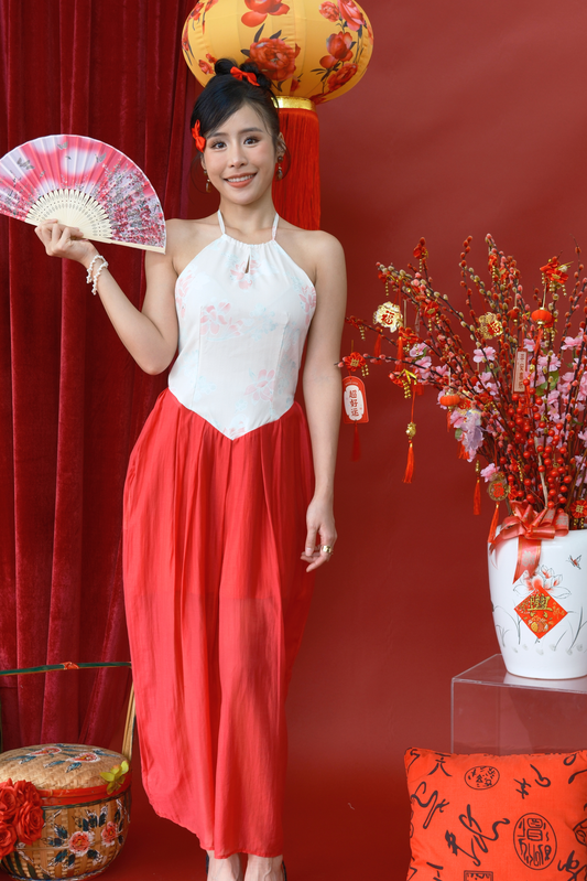 Camellia Veil Halter Cheongsam Gown