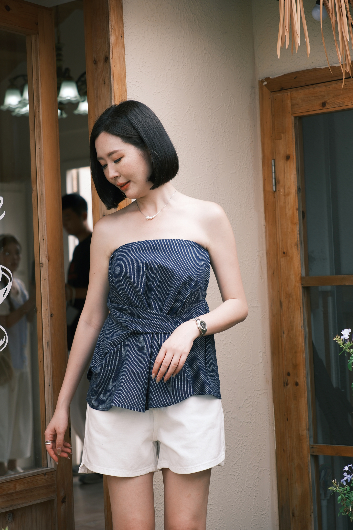 Éloise Strapless Pinstripe Peplum Top in Blue