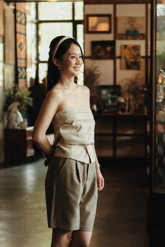 Isaline Ruched Back Tube Blouse in Beige