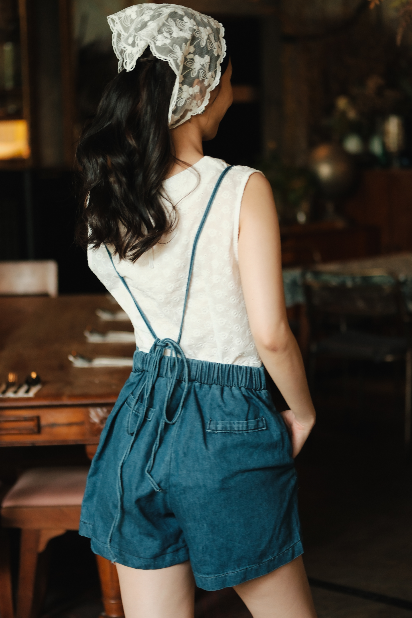 Odette Cross-Back Denim Romper