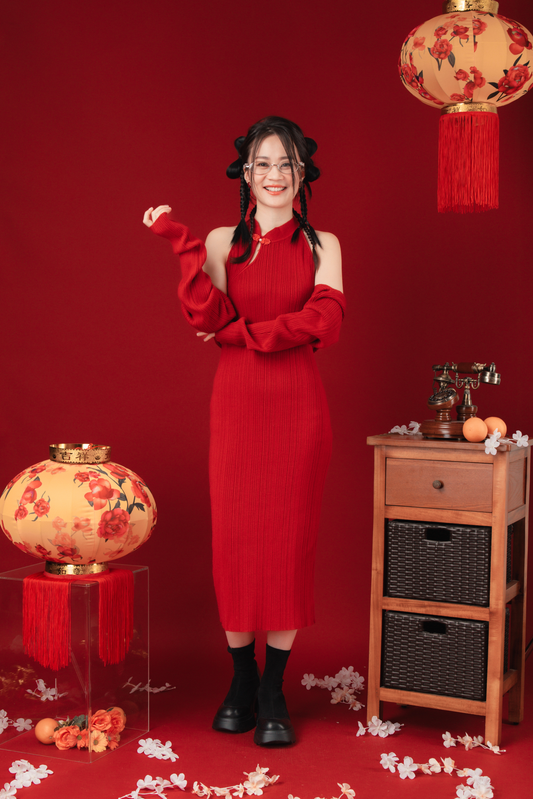 Liora Knit Mandarin Two-Piece Dress in Red