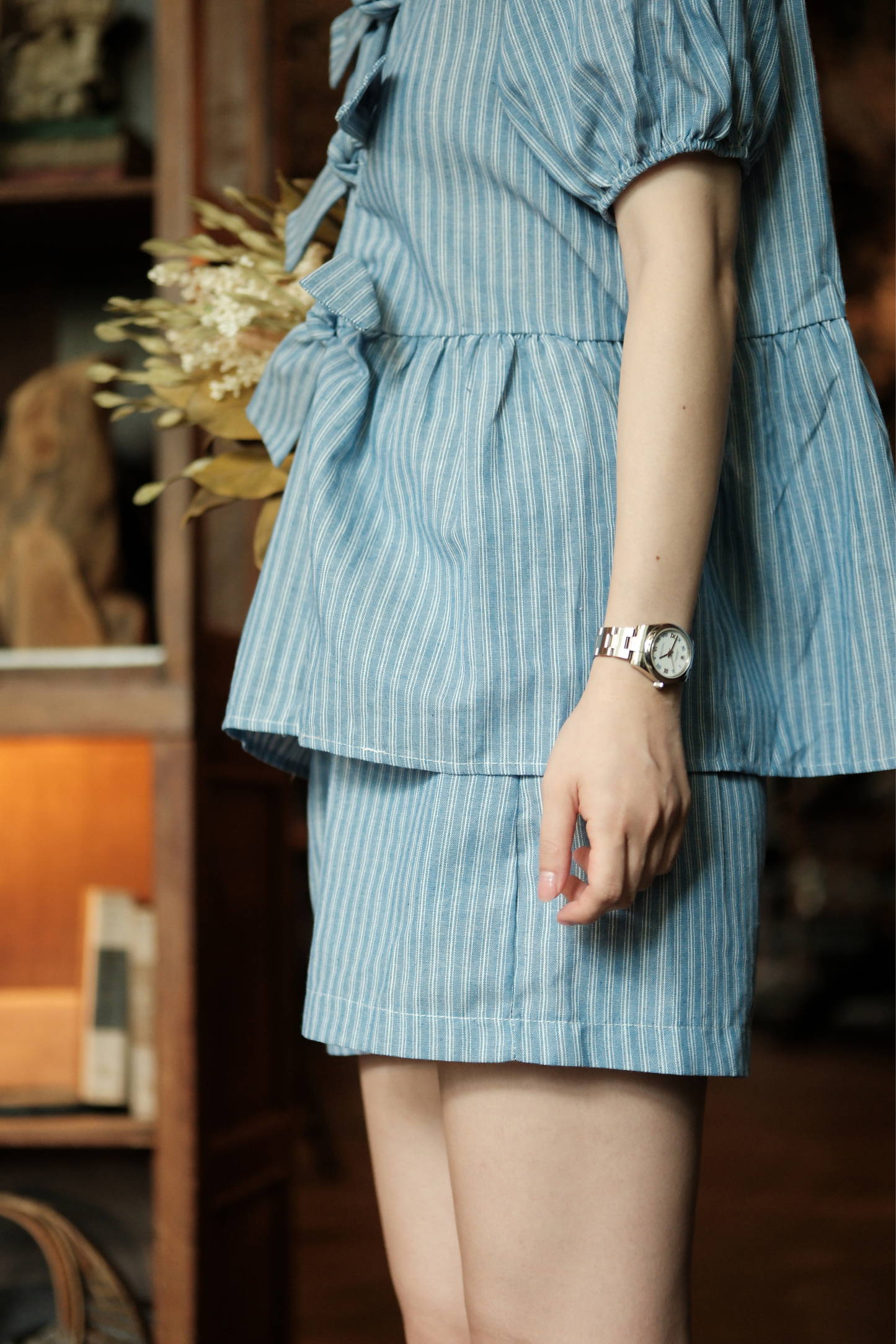 Maëlle Bow Tie Stripe TwinSet in Light Blue