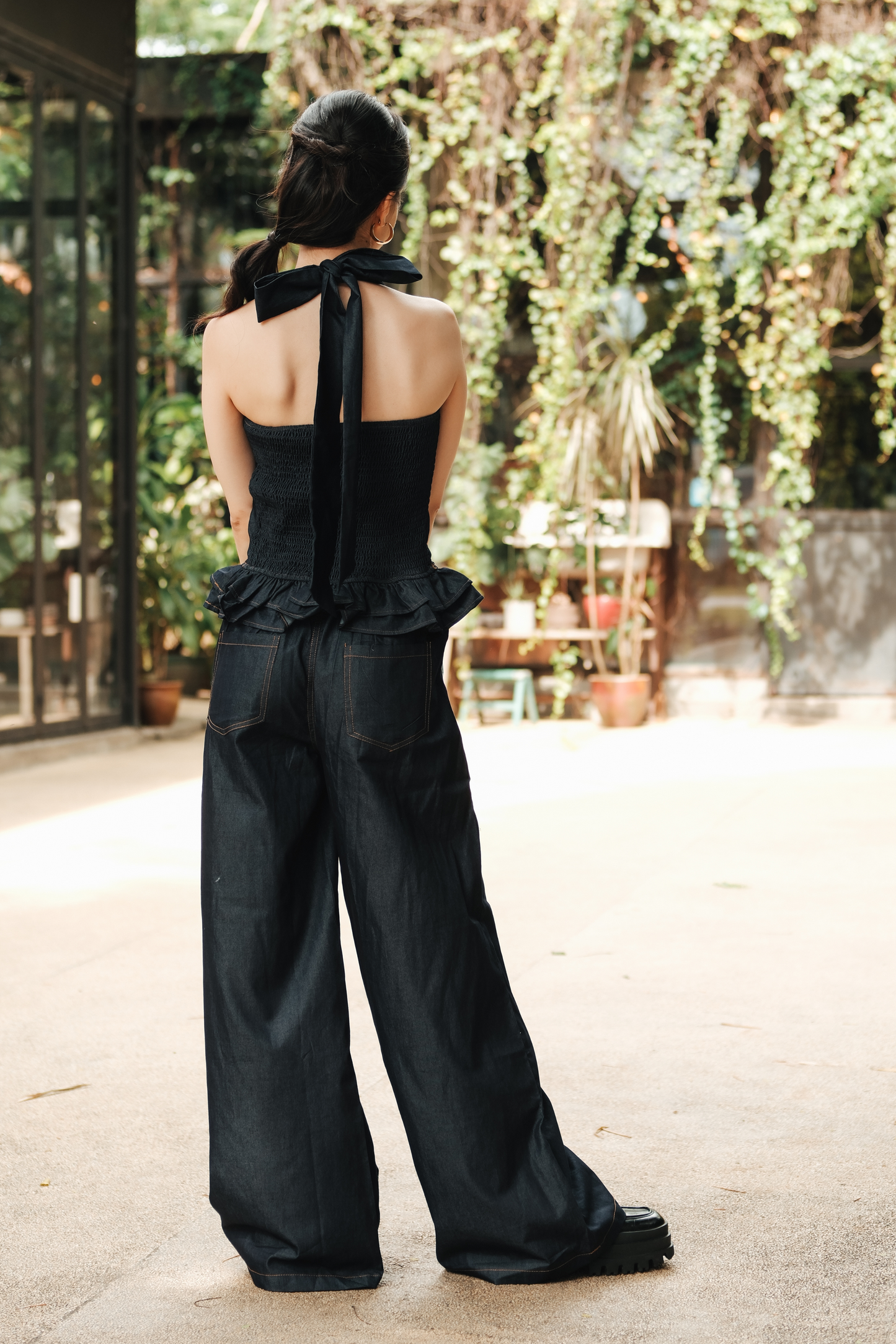 Clara Bow Halter Denim Top & Wide-Leg Pants Set