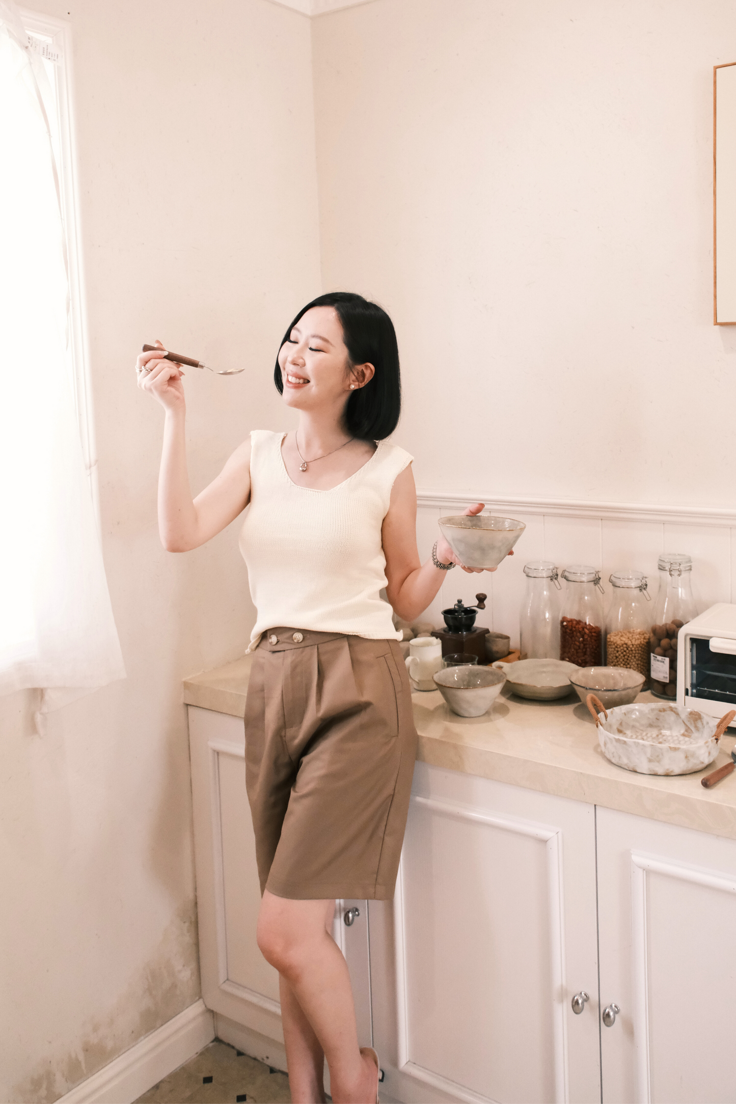 Diane Pleated Bermudas in Khaki