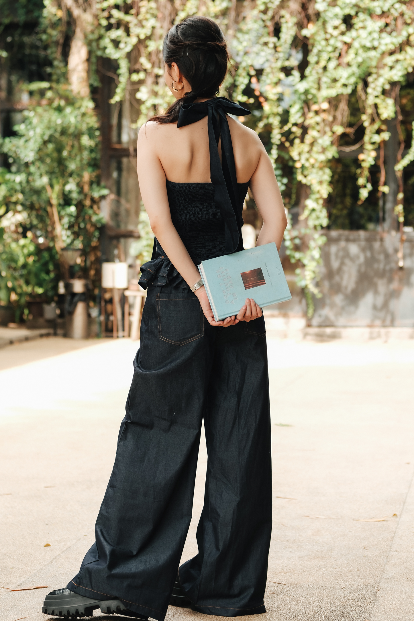 Clara Bow Halter Denim Top & Wide-Leg Pants Set