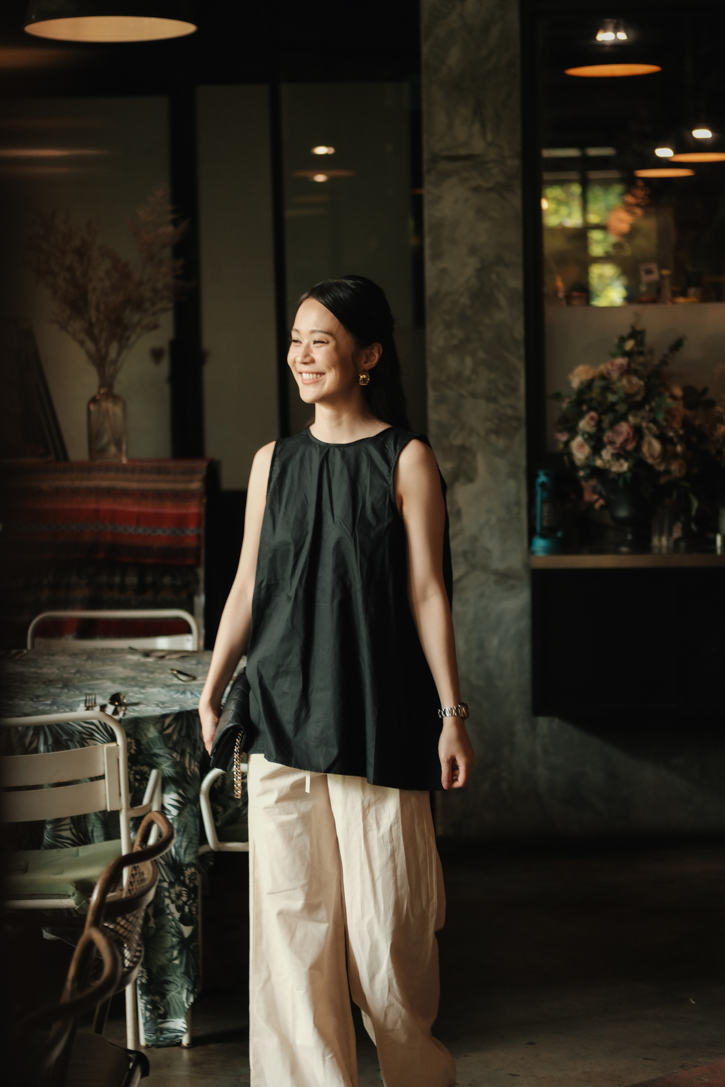 Inès Draped Back Knot Top in Black