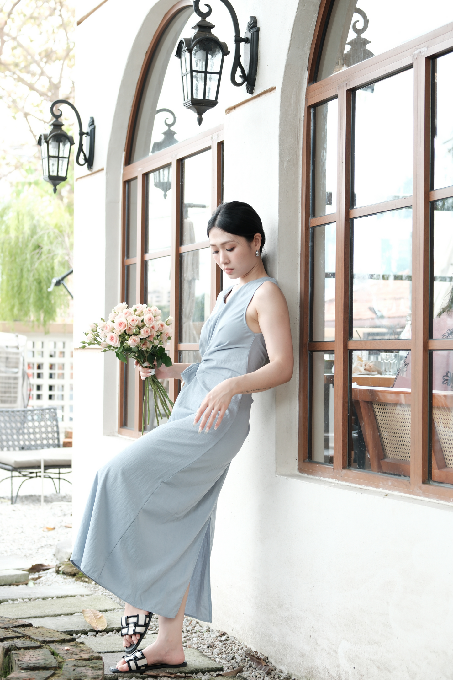 Élise Draped Side-Tie Maxi Dress in Light Blue