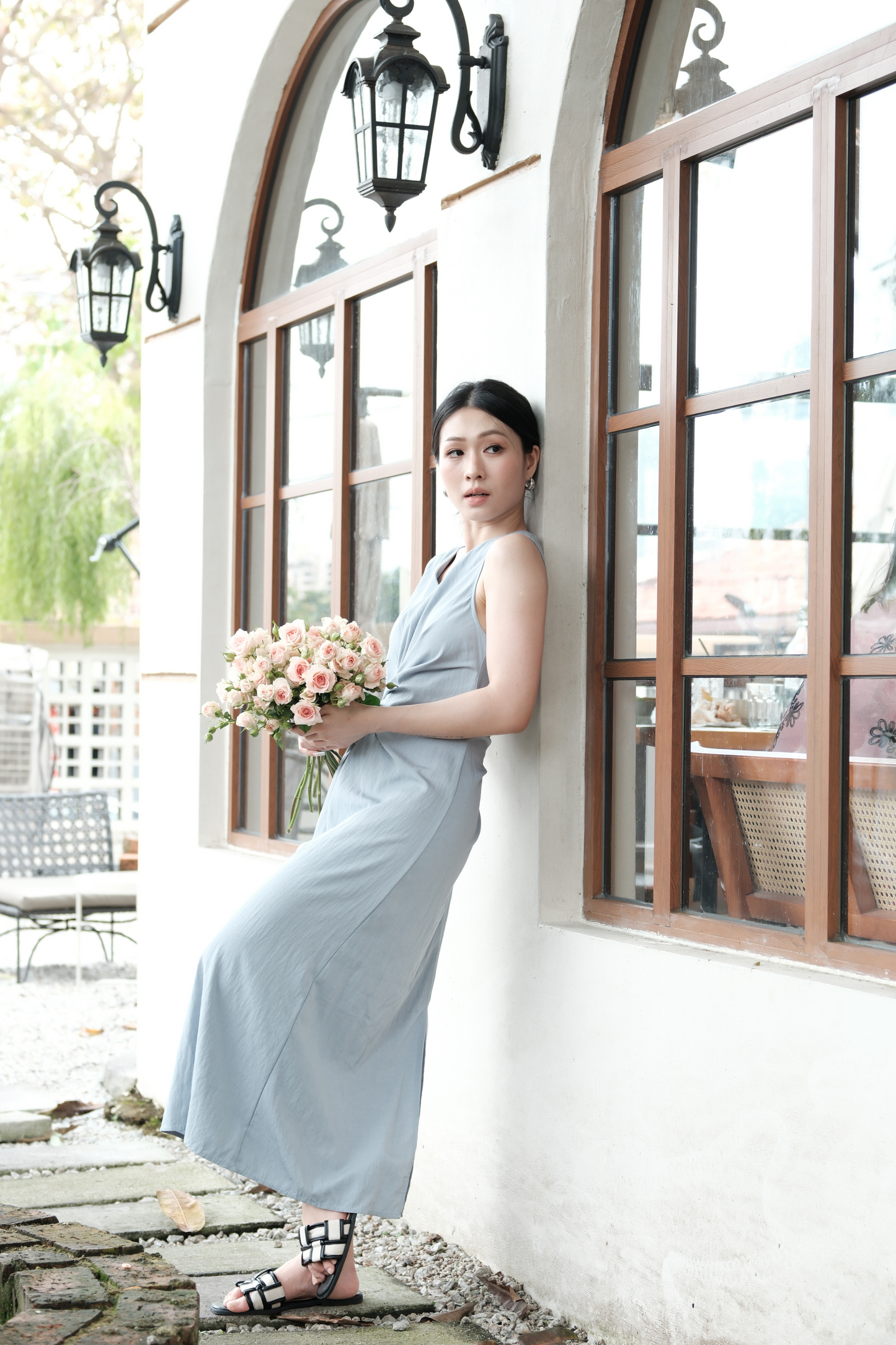 Élise Draped Side-Tie Maxi Dress in Light Blue