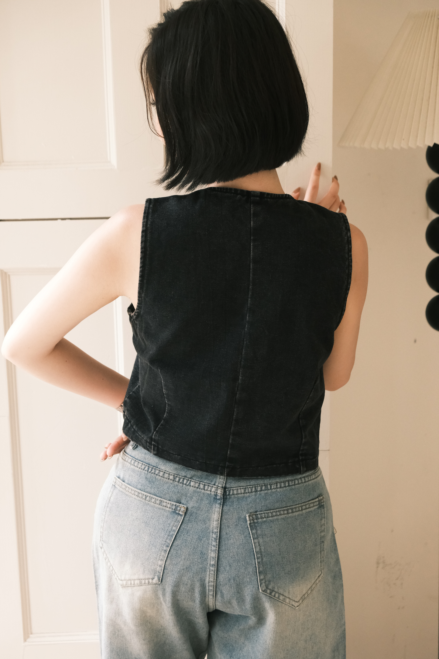 Rhea Lace-Up Denim Vest in Black