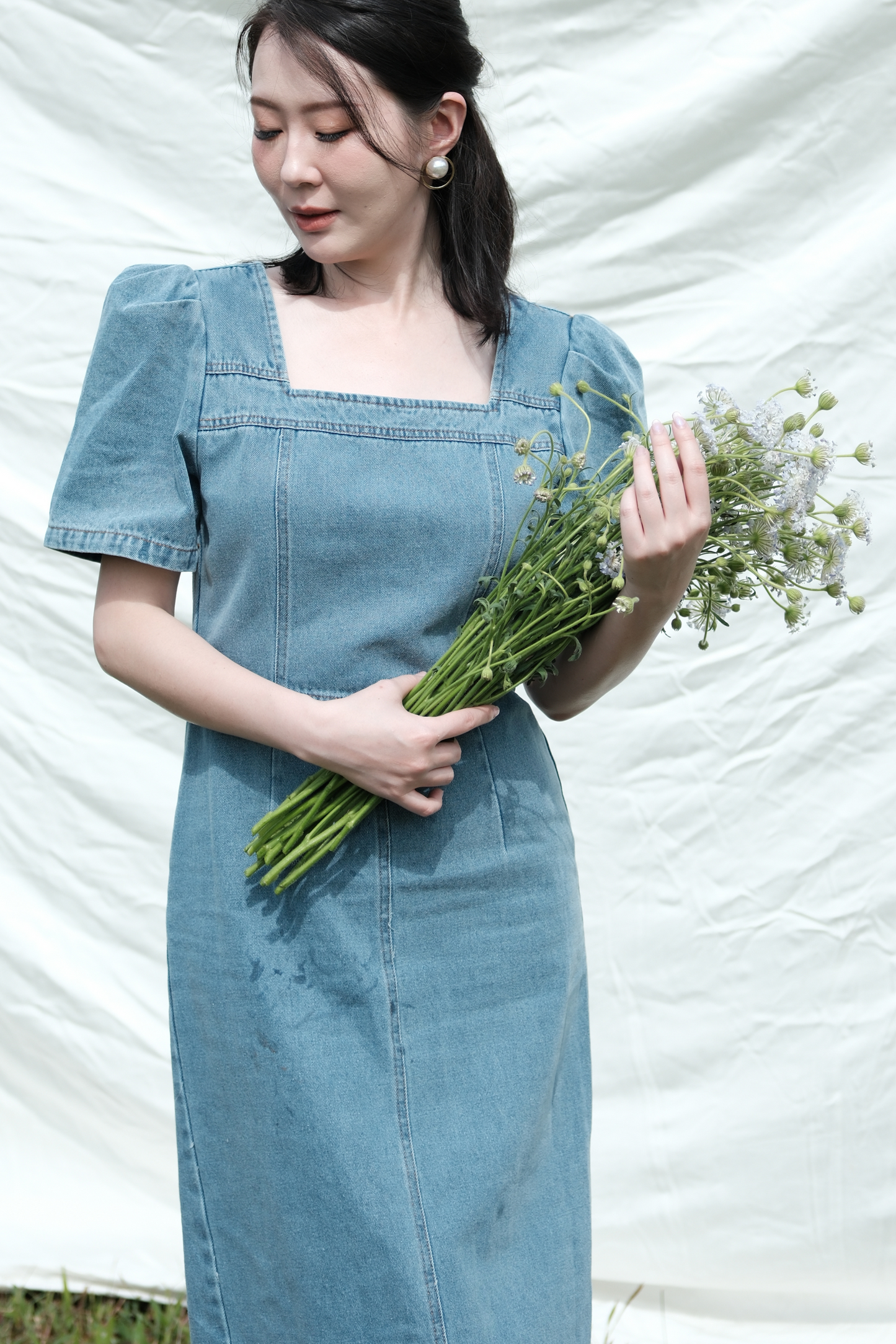 Juliette Puff Sleeve Denim Midi Dress