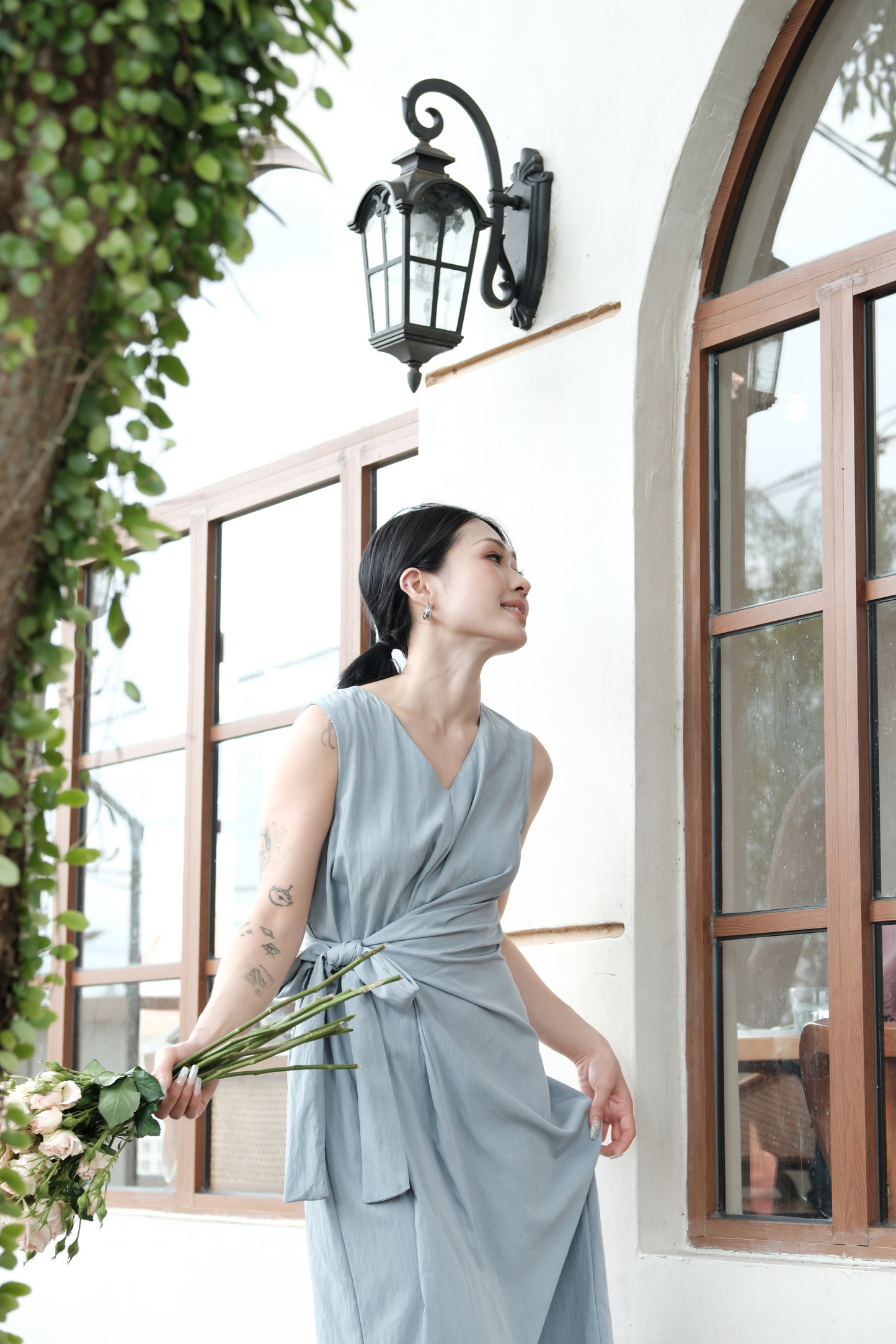 Élise Draped Side-Tie Maxi Dress in Light Blue