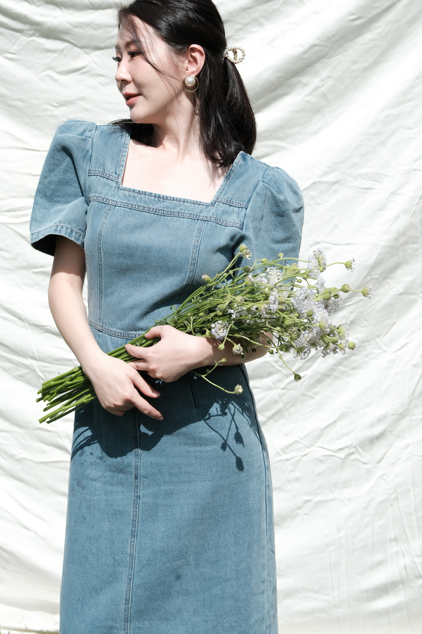Juliette Puff Sleeve Denim Midi Dress