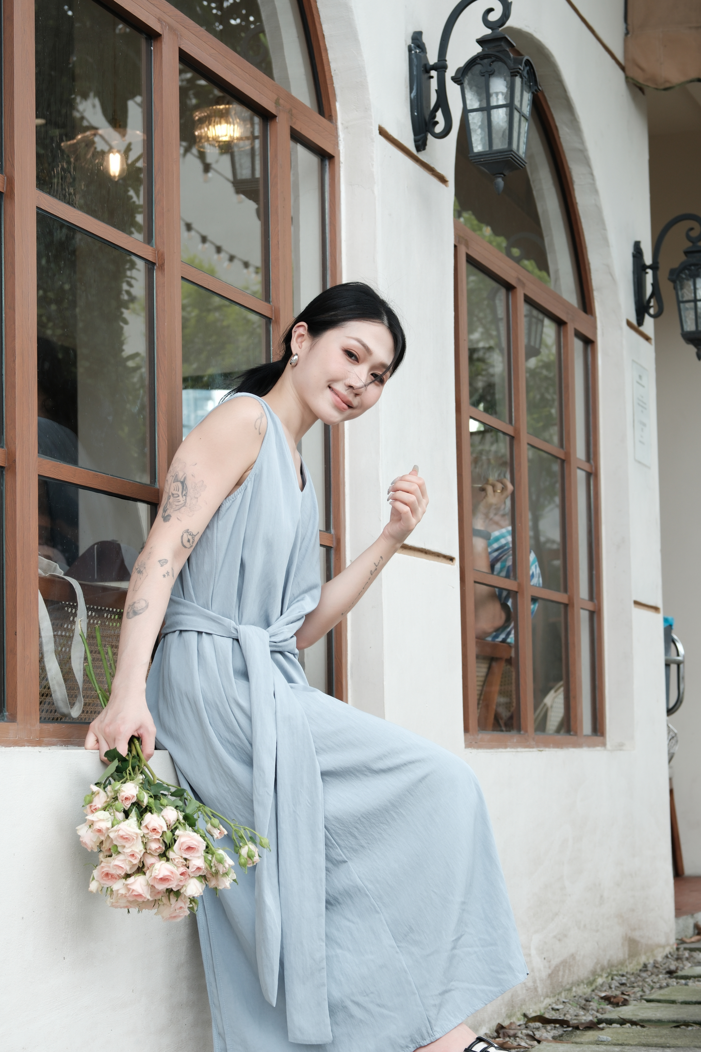 Élise Draped Side-Tie Maxi Dress in Light Blue