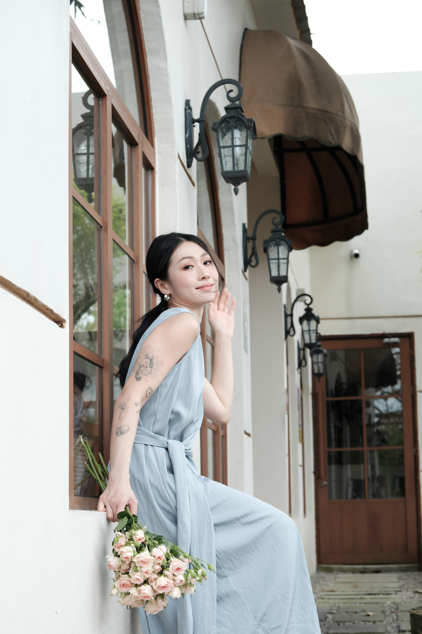 Élise Draped Side-Tie Maxi Dress in Light Blue