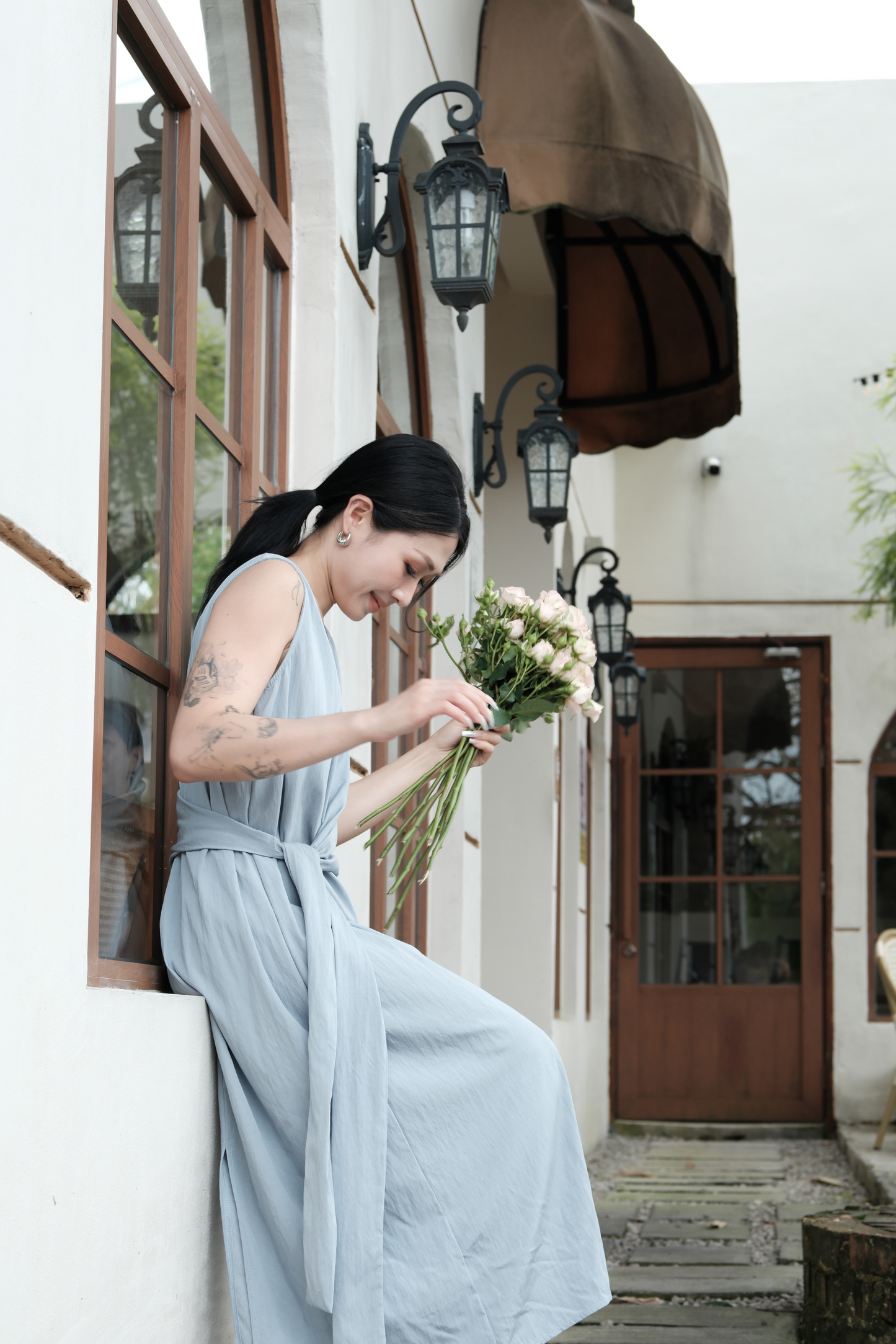 Élise Draped Side-Tie Maxi Dress in Light Blue