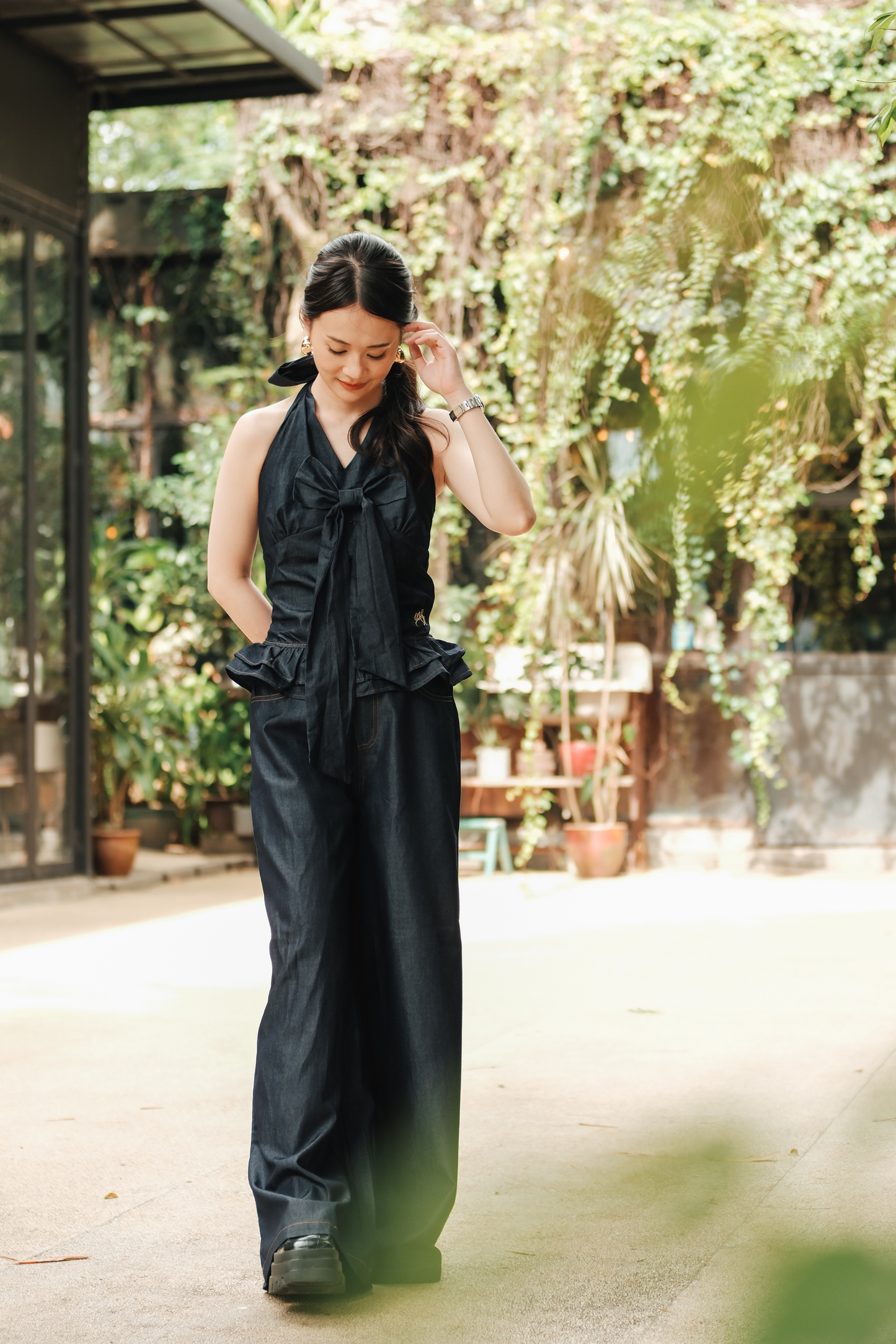 Clara Bow Halter Denim Top & Wide-Leg Pants Set
