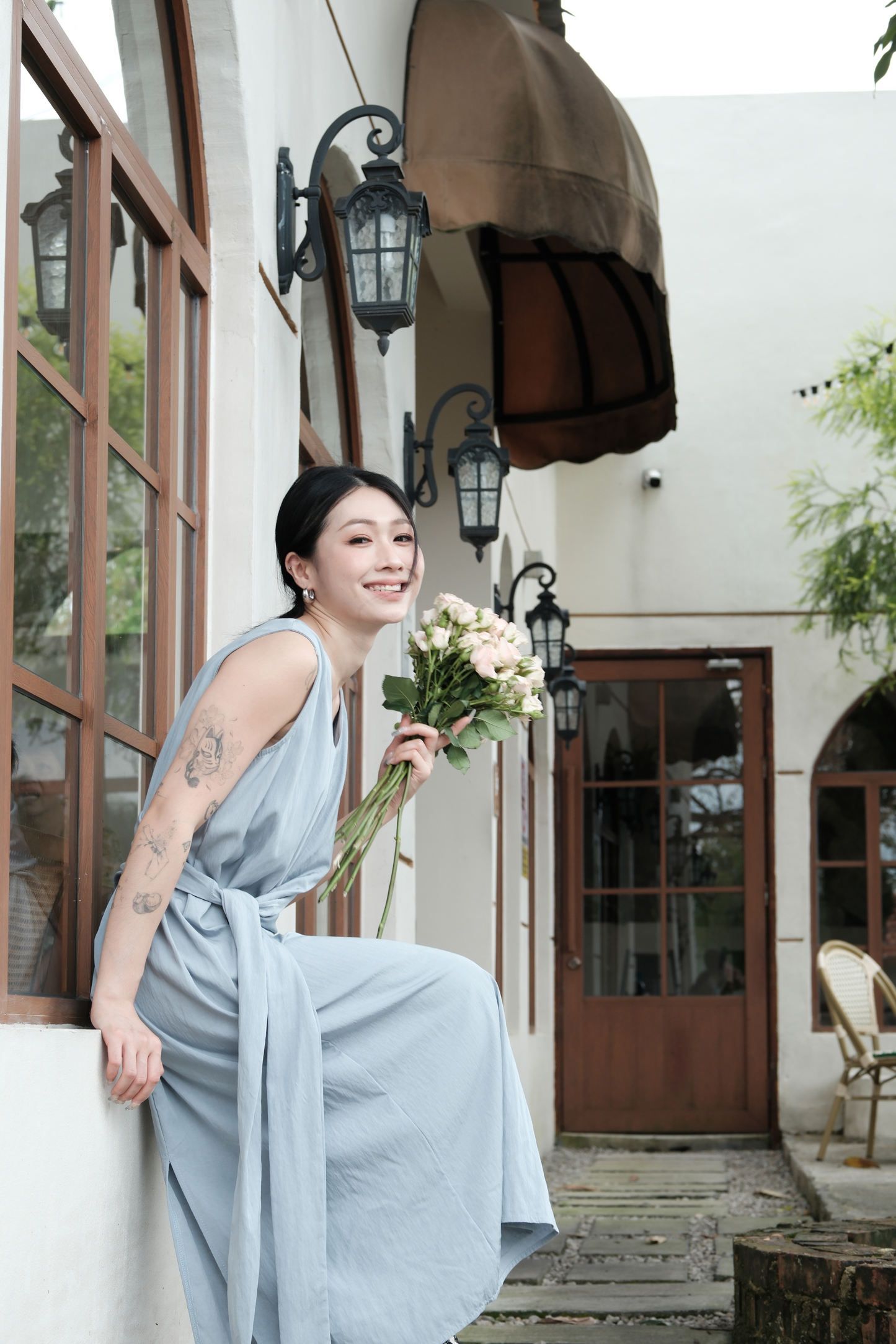 Élise Draped Side-Tie Maxi Dress in Light Blue