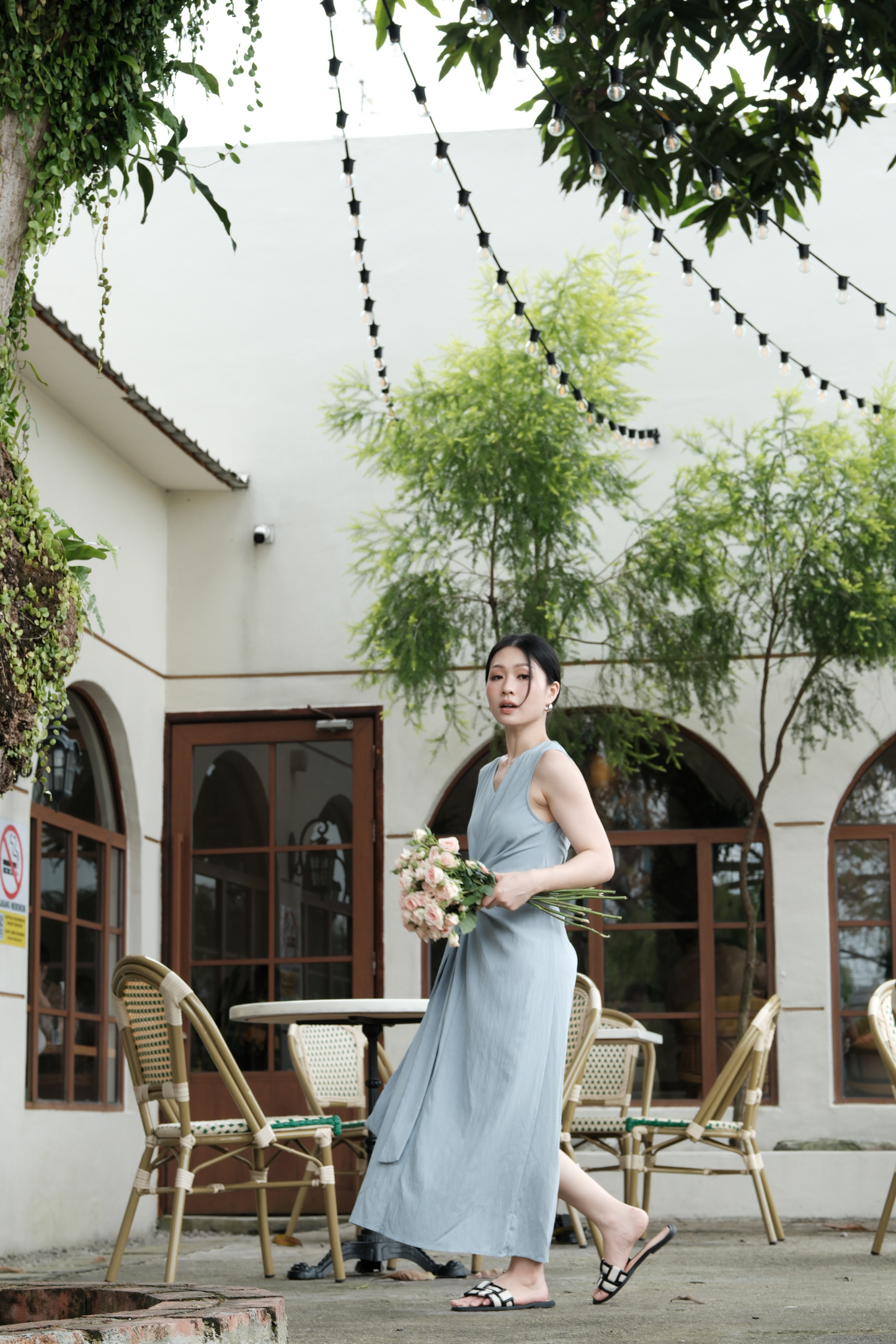 Élise Draped Side-Tie Maxi Dress in Light Blue