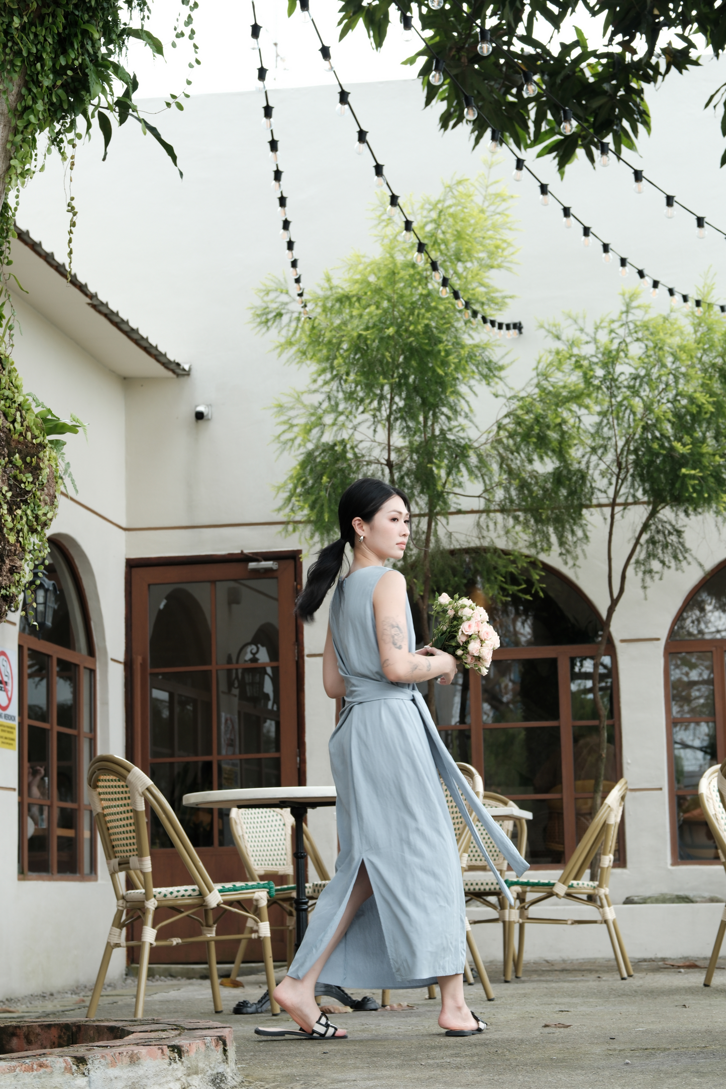 Élise Draped Side-Tie Maxi Dress in Light Blue