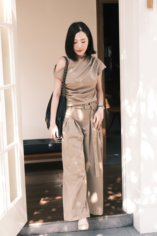 Aveline Drape Top & Wide-Leg Trousers Set in Khaki