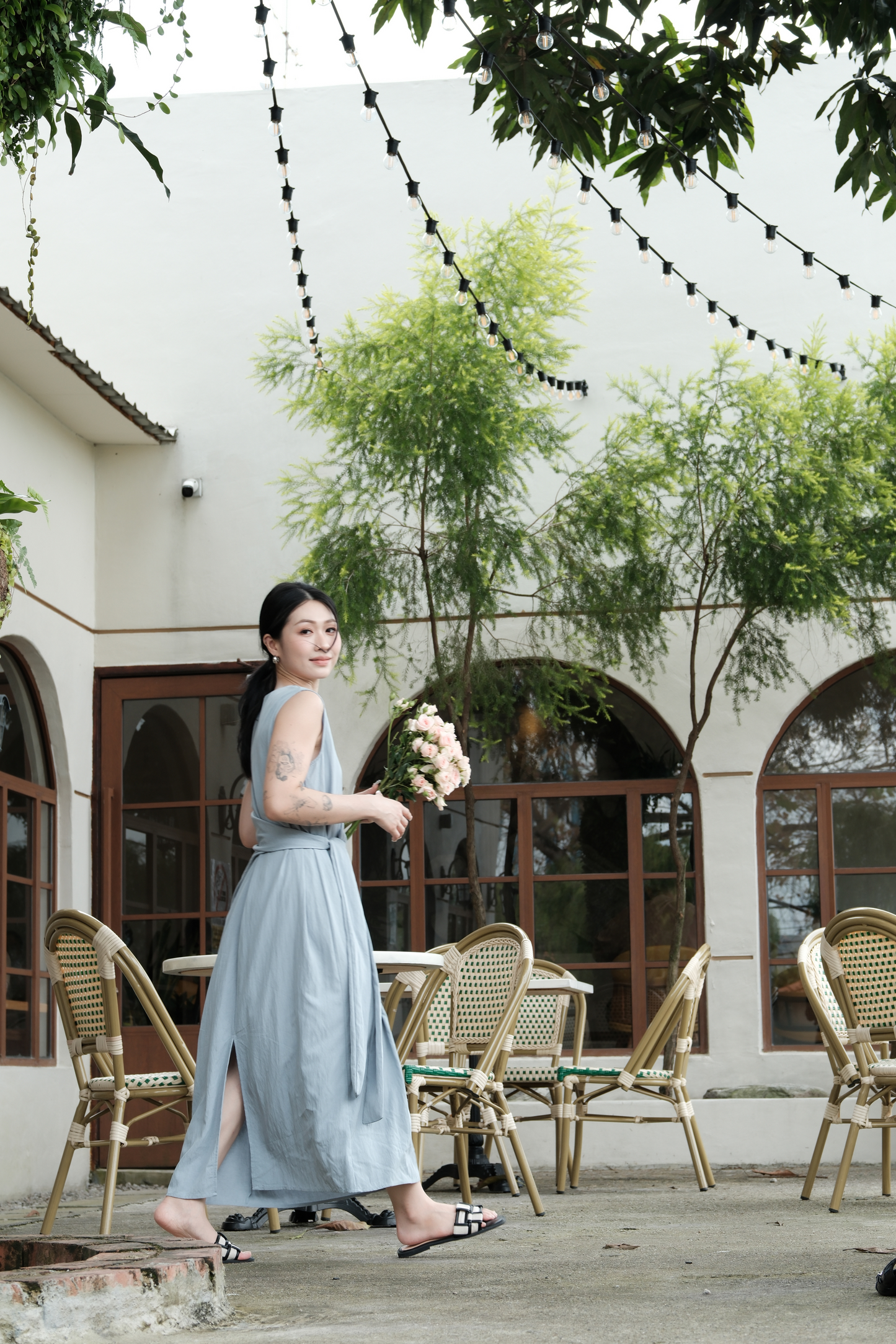 Élise Draped Side-Tie Maxi Dress in Light Blue